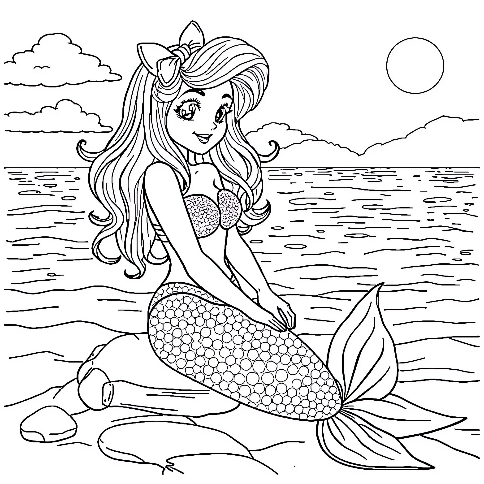 Amy Rose as a Cheerful Mermaid by the Seaside Coloring Page (free black-and-white line drawing printable PDF for all, from beginners to advanced learners, including children, teens, adults, and seniors)