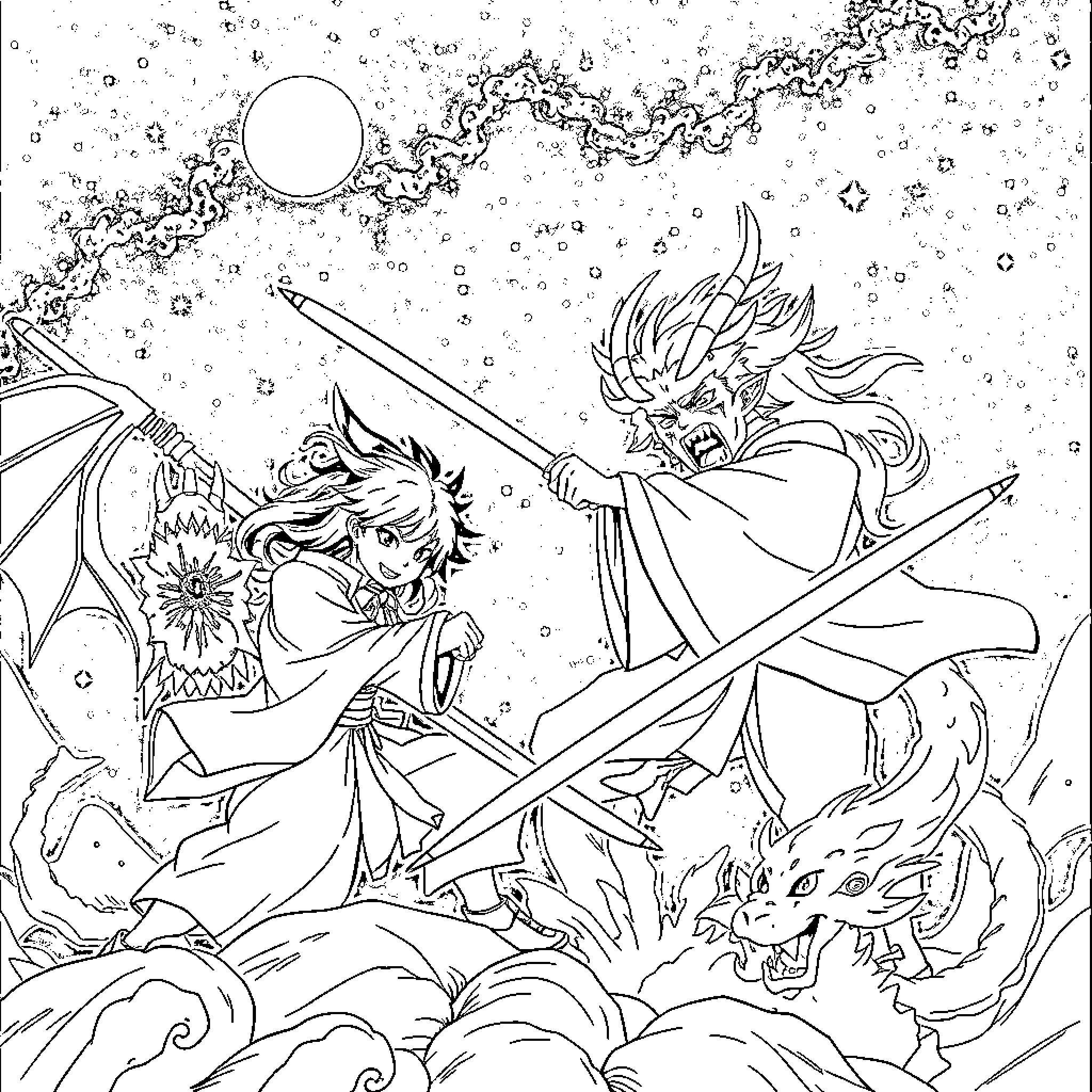 Nezuko engaging in battle with demonic creatures Coloring Page (free black-and-white line drawing printable PDF for all, from beginners to advanced learners, including children, teens, adults, and seniors)