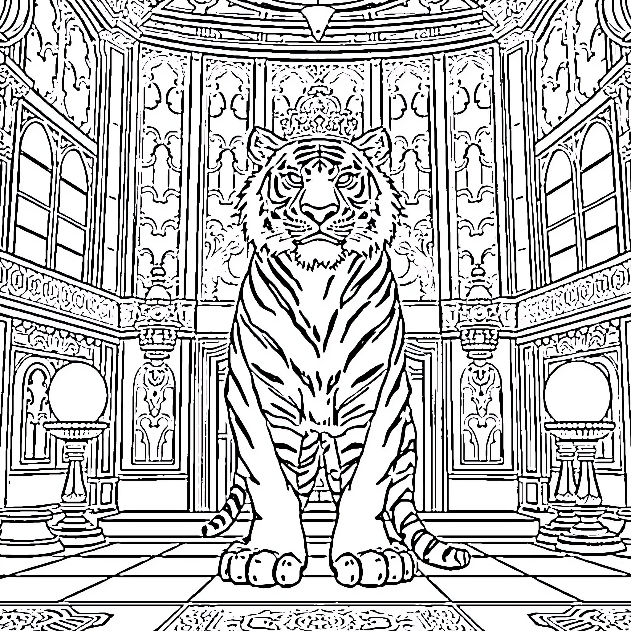 Tiger in a Majestic Palace Interior Coloring Page (free black-and-white line drawing printable PDF for all, from beginners to advanced learners, including children, teens, adults, and seniors)