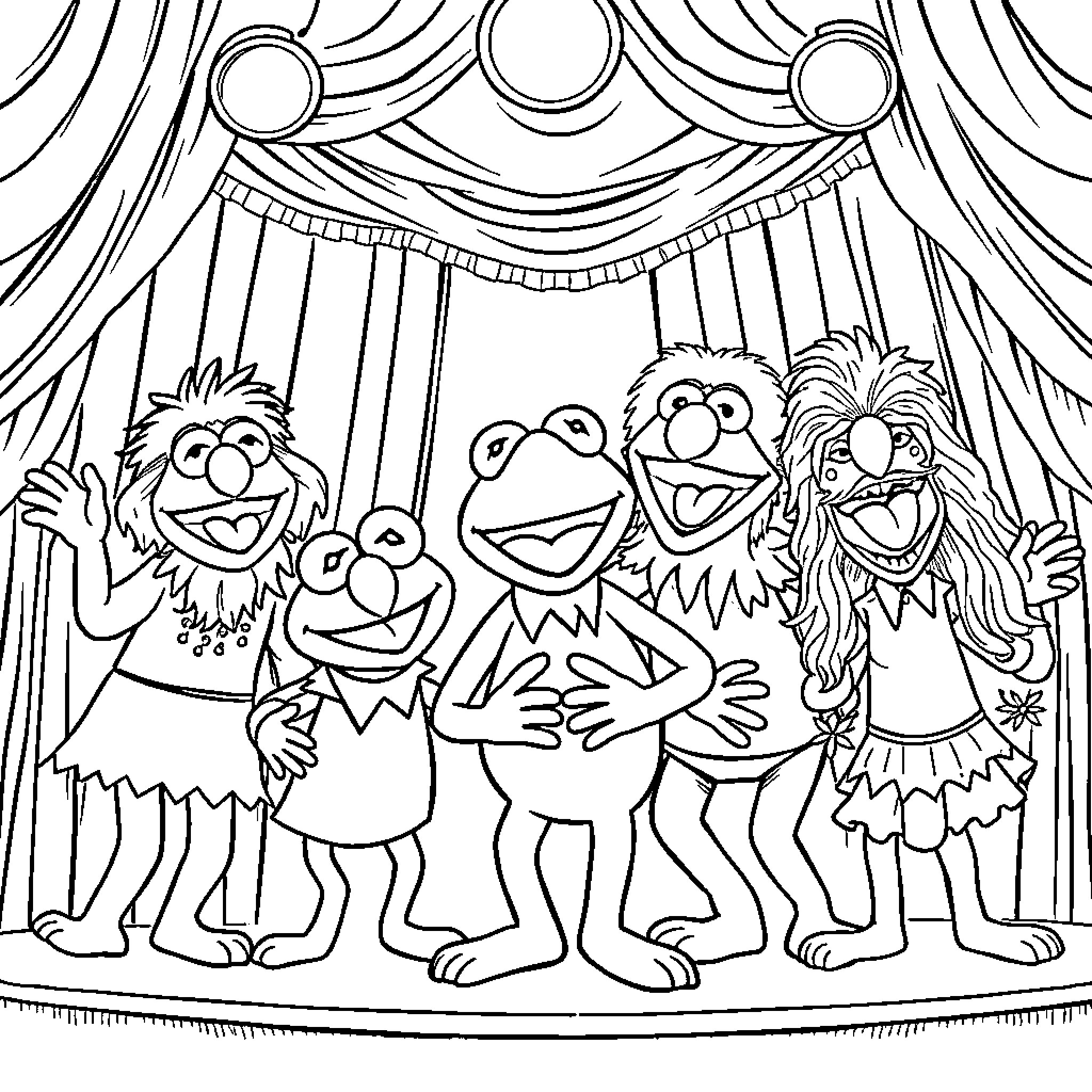 Muppet Characters Performing on Stage Coloring Page (free black-and-white line drawing printable PDF for all, from beginners to advanced learners, including children, teens, adults, and seniors)