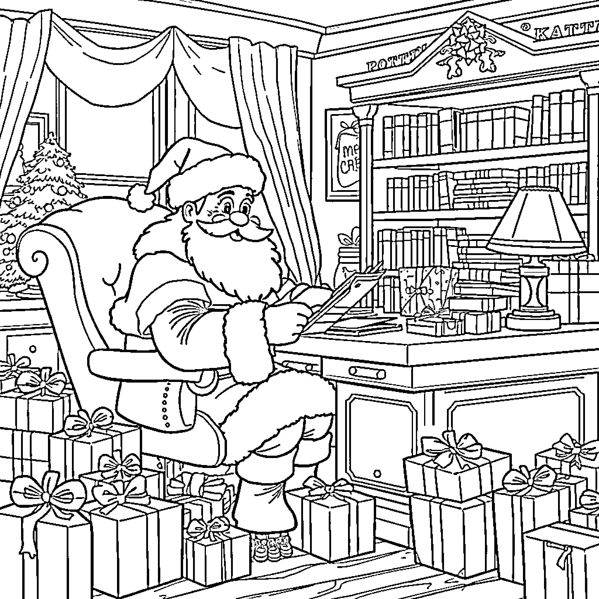Santa Claus delivering presents in his cozy workshop Coloring Page (free black-and-white line drawing printable PDF for all, from beginners to advanced learners, including children, teens, adults, and seniors)