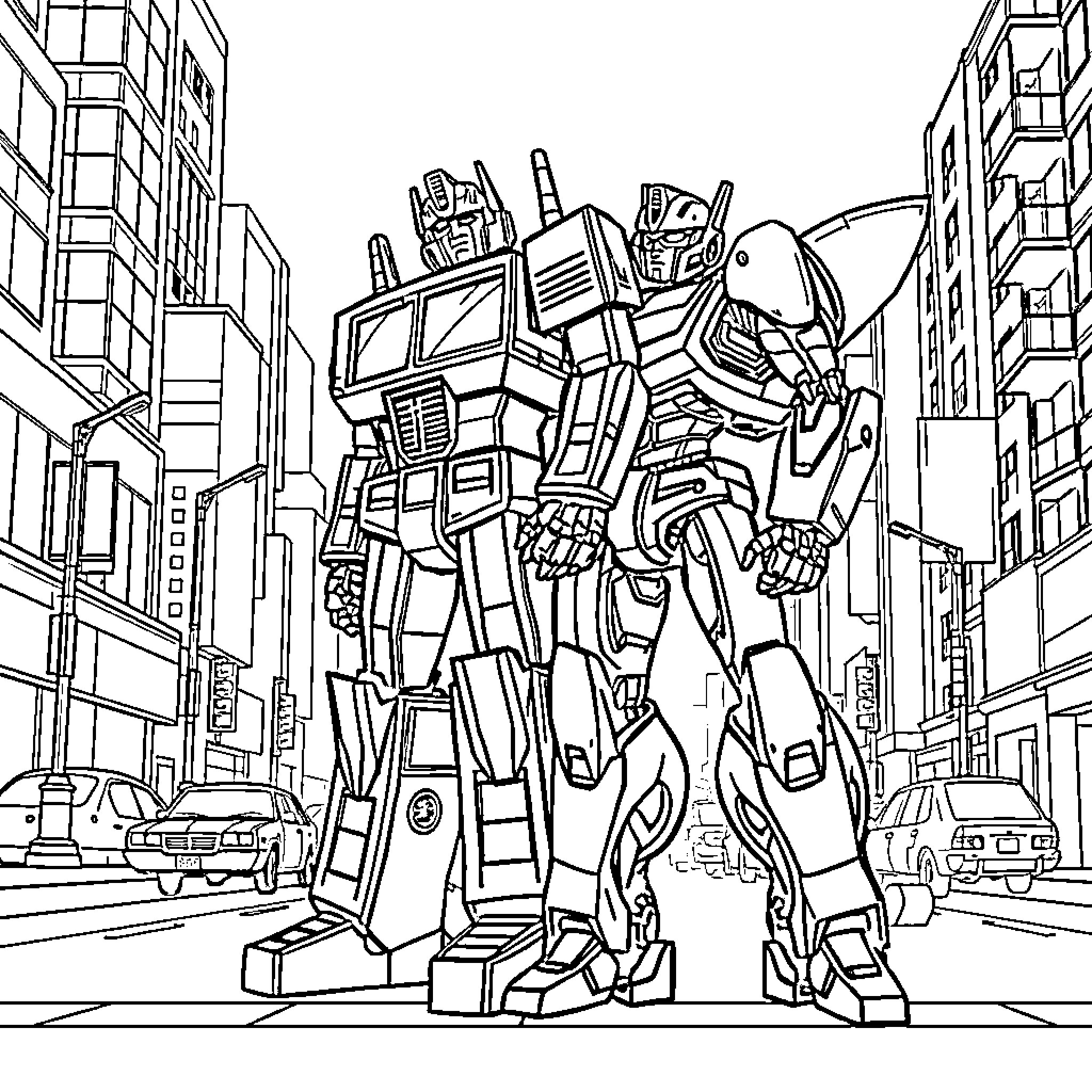 Optimus Prime towering over the city skyline Coloring Page (free black-and-white line drawing printable PDF for all, from beginners to advanced learners, including children, teens, adults, and seniors)