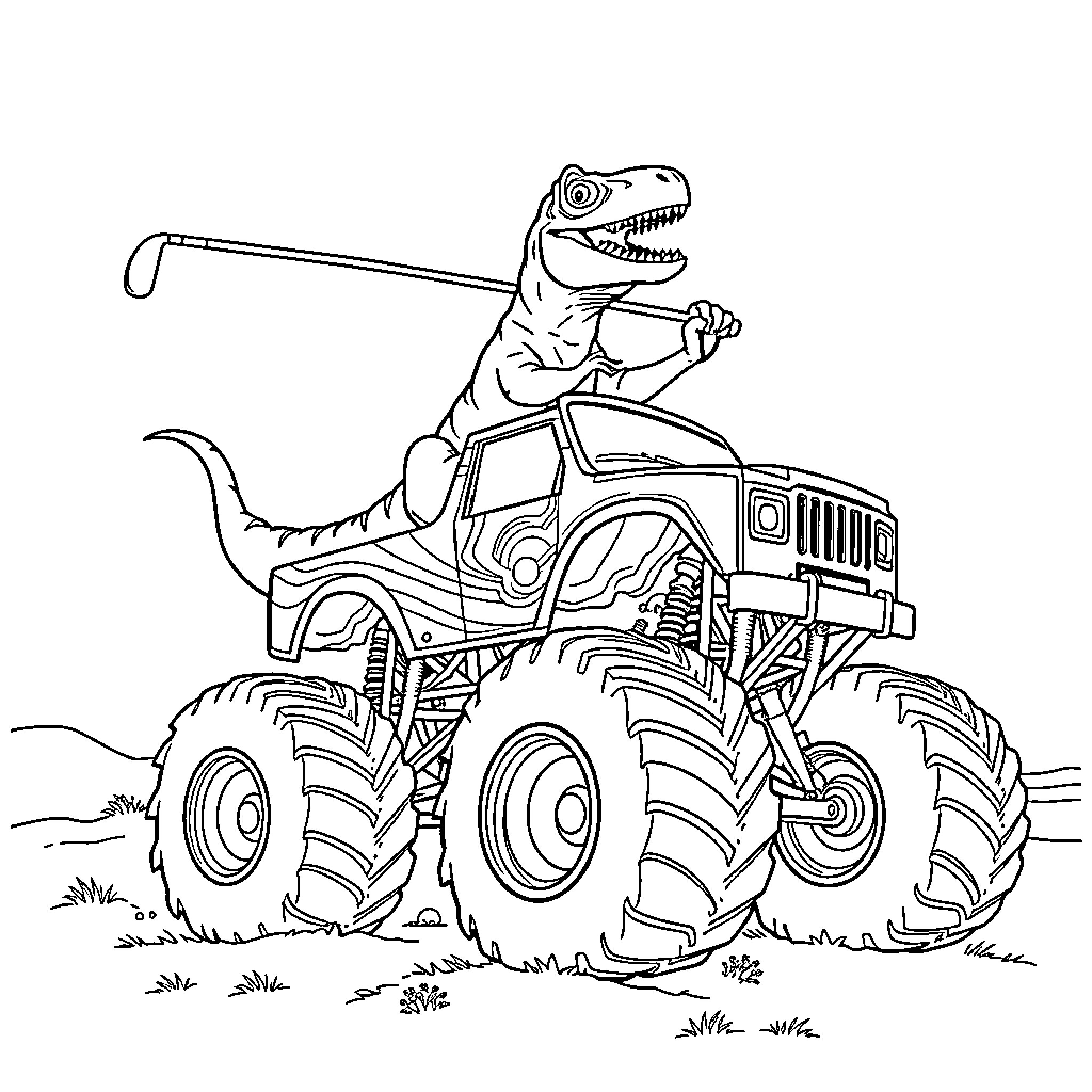 T-Rex driving a monster truck through the wilderness Coloring Page (free black-and-white line drawing printable PDF for all, from beginners to advanced learners, including children, teens, adults, and seniors)