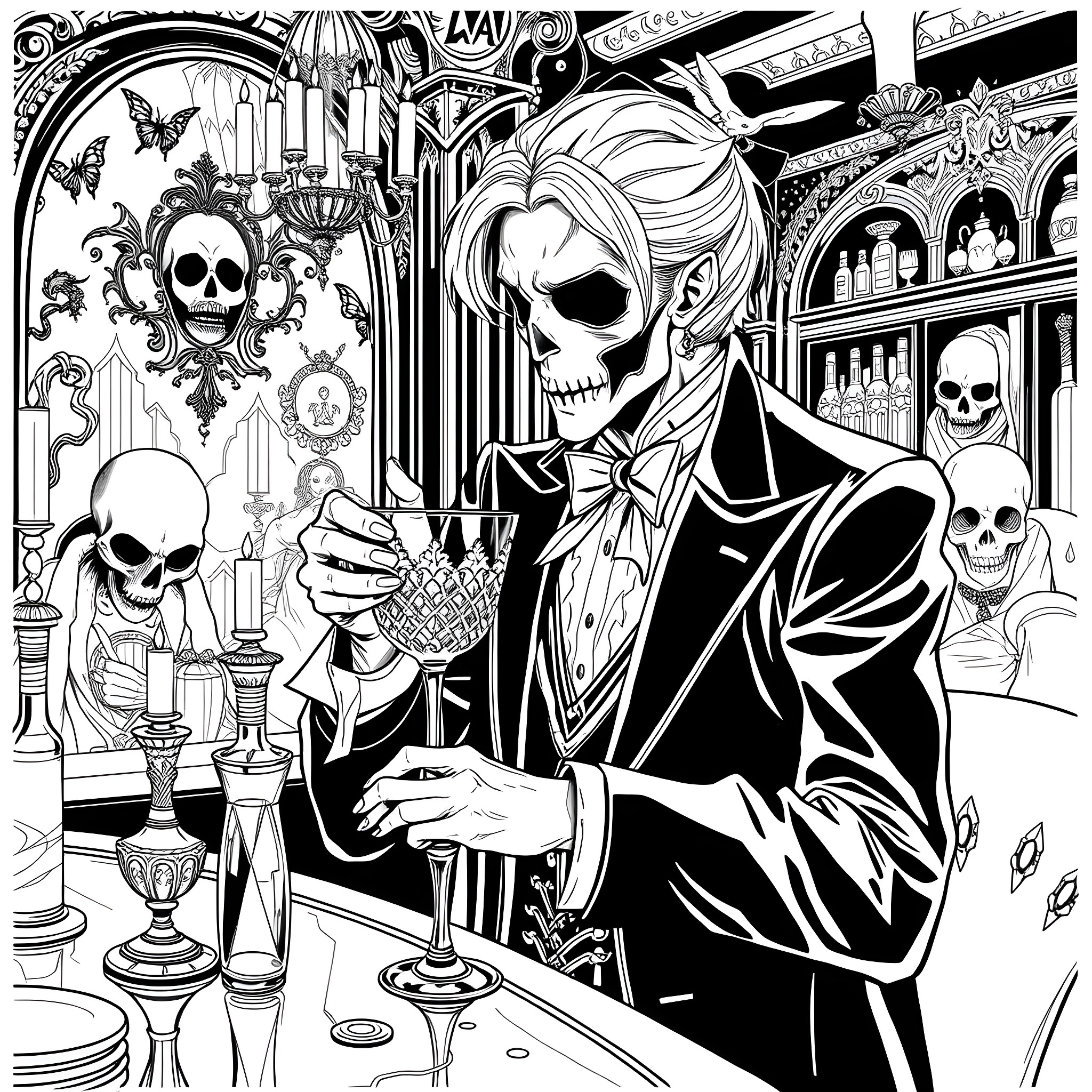 Decim's Sinister Soiree: A Haunting Masquerade Coloring Page (free black-and-white line drawing printable PDF for all, from beginners to advanced learners, including children, teens, adults, and seniors)