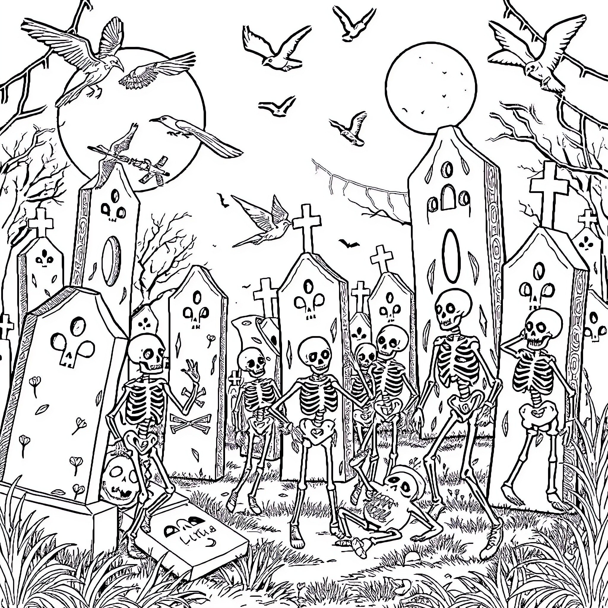 Skeleton Gathering in the Haunted Graveyard Coloring Page (free black-and-white line drawing printable PDF for all, from beginners to advanced learners, including children, teens, adults, and seniors)