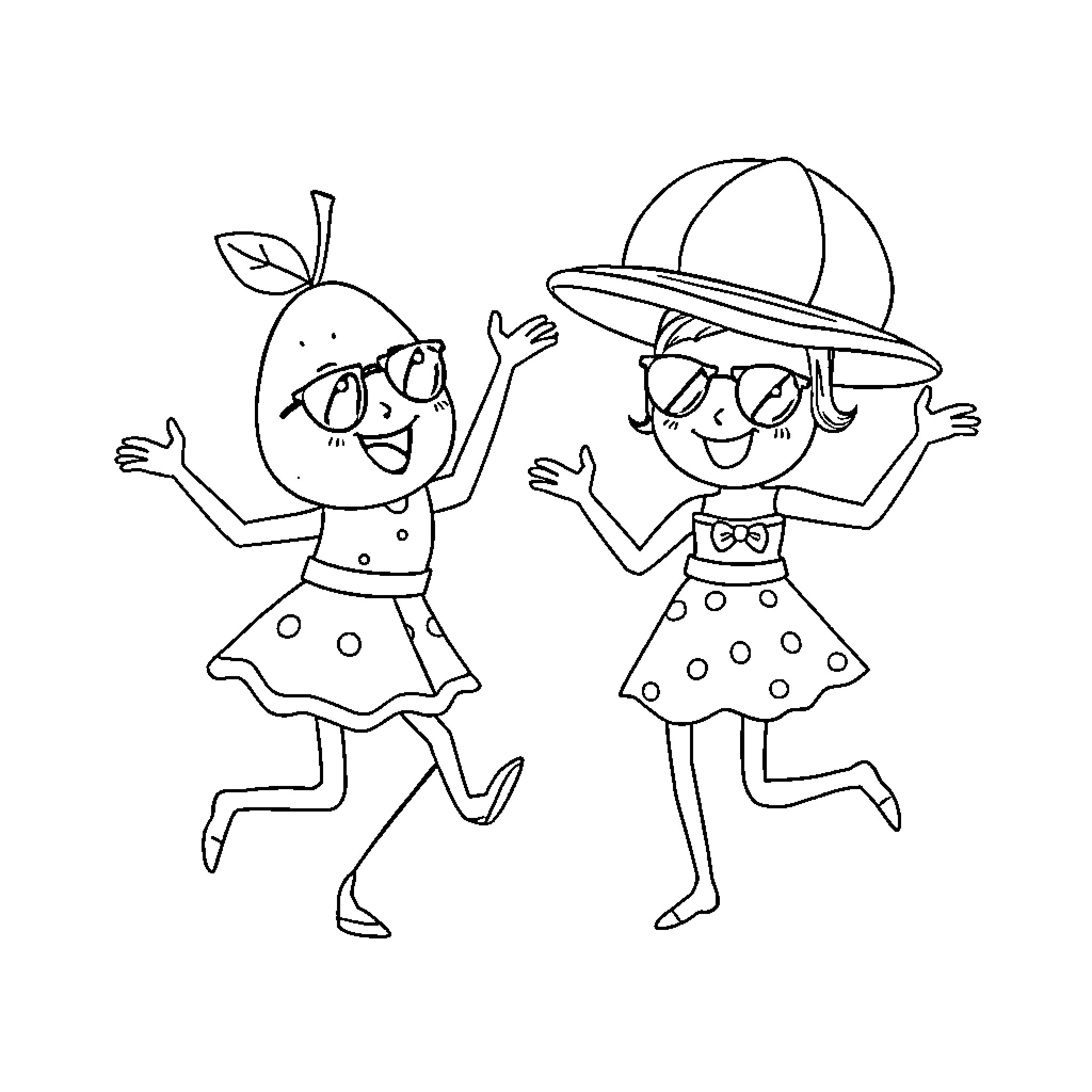 Fruit characters having fun in summer outfits Coloring Page (free black-and-white line drawing printable PDF for all, from beginners to advanced learners, including children, teens, adults, and seniors)