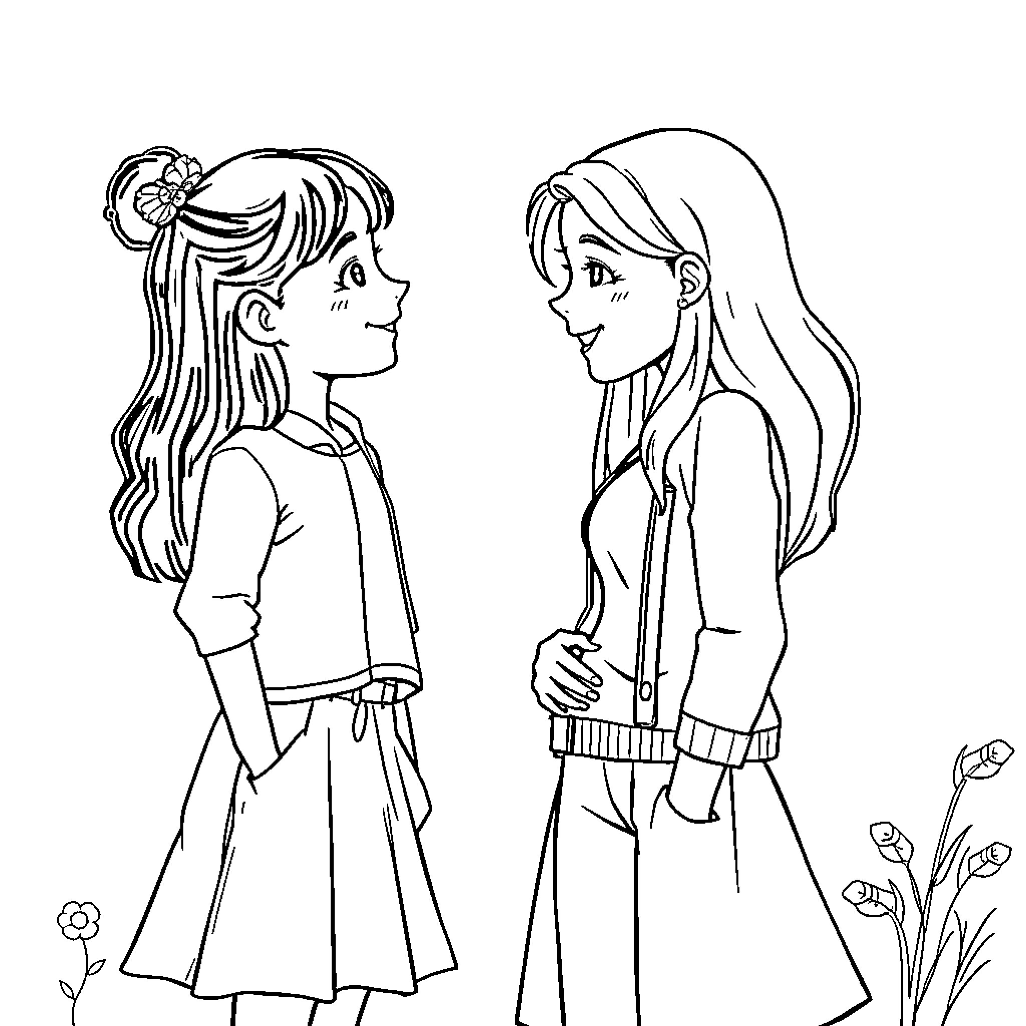 Girls in Conversation Outdoors Coloring Page (free black-and-white line drawing printable PDF for all, from beginners to advanced learners, including children, teens, adults, and seniors)