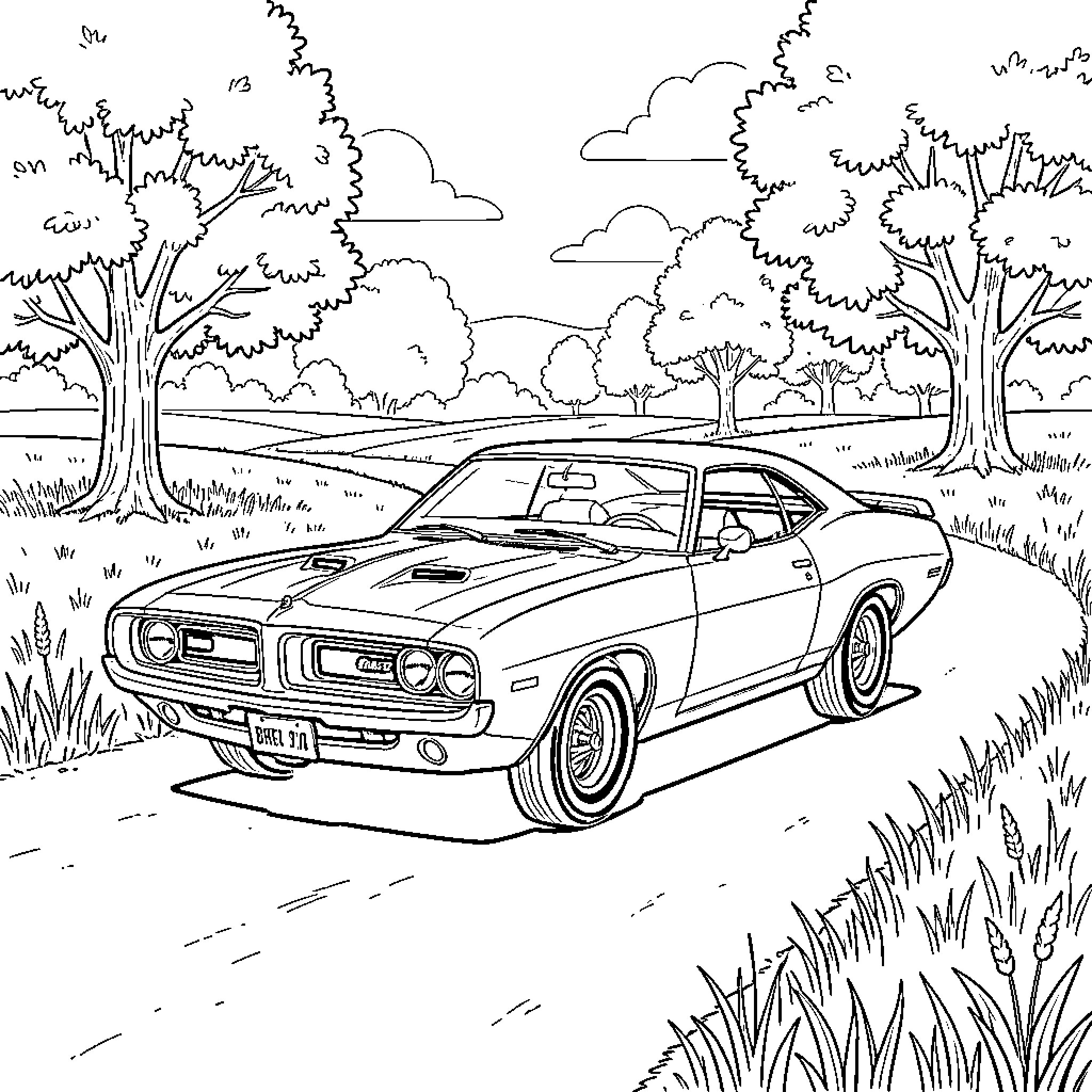Plymouth Barracuda driving along a scenic country road Coloring Page (free black-and-white line drawing printable PDF for all, from beginners to advanced learners, including children, teens, adults, and seniors)