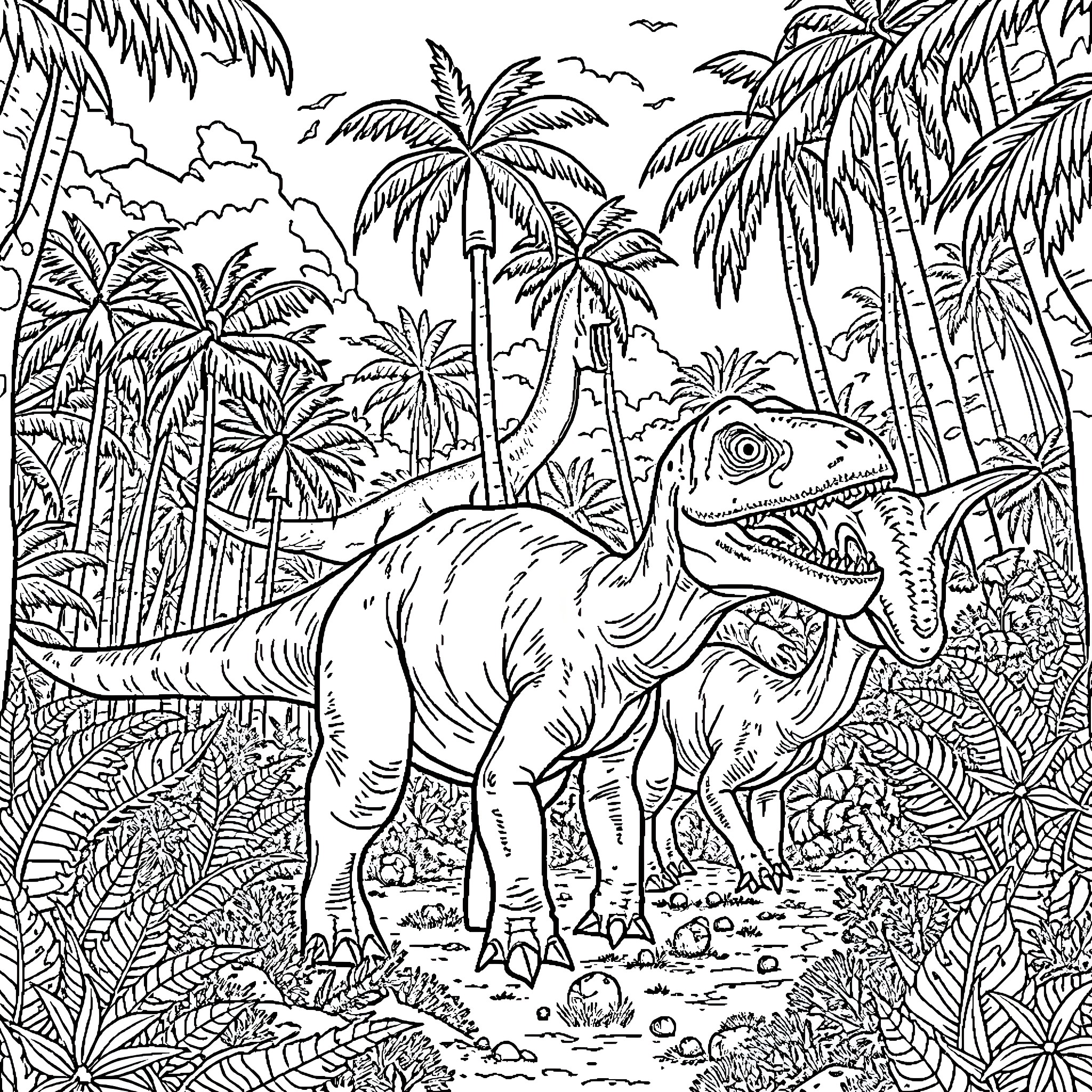 Dinosaur Roaming in Lush Tropical Landscape Coloring Page (free black-and-white line drawing printable PDF for all, from beginners to advanced learners, including children, teens, adults, and seniors)