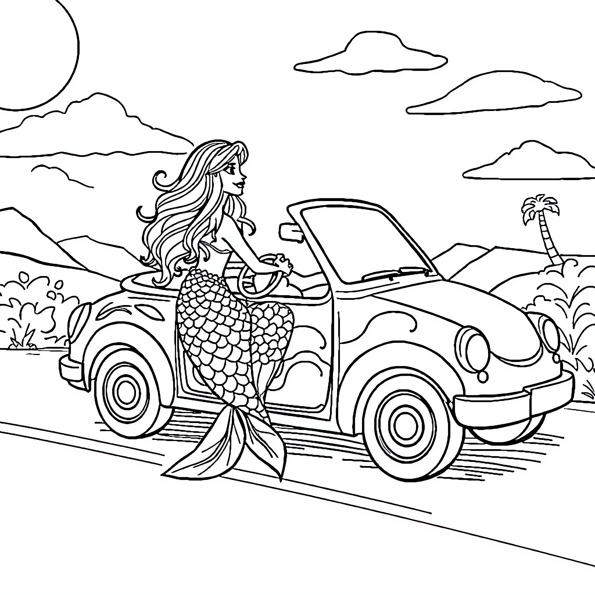Mermaid driving a convertible car through the countryside Coloring Page (free black-and-white line drawing printable PDF for all, from beginners to advanced learners, including children, teens, adults, and seniors)