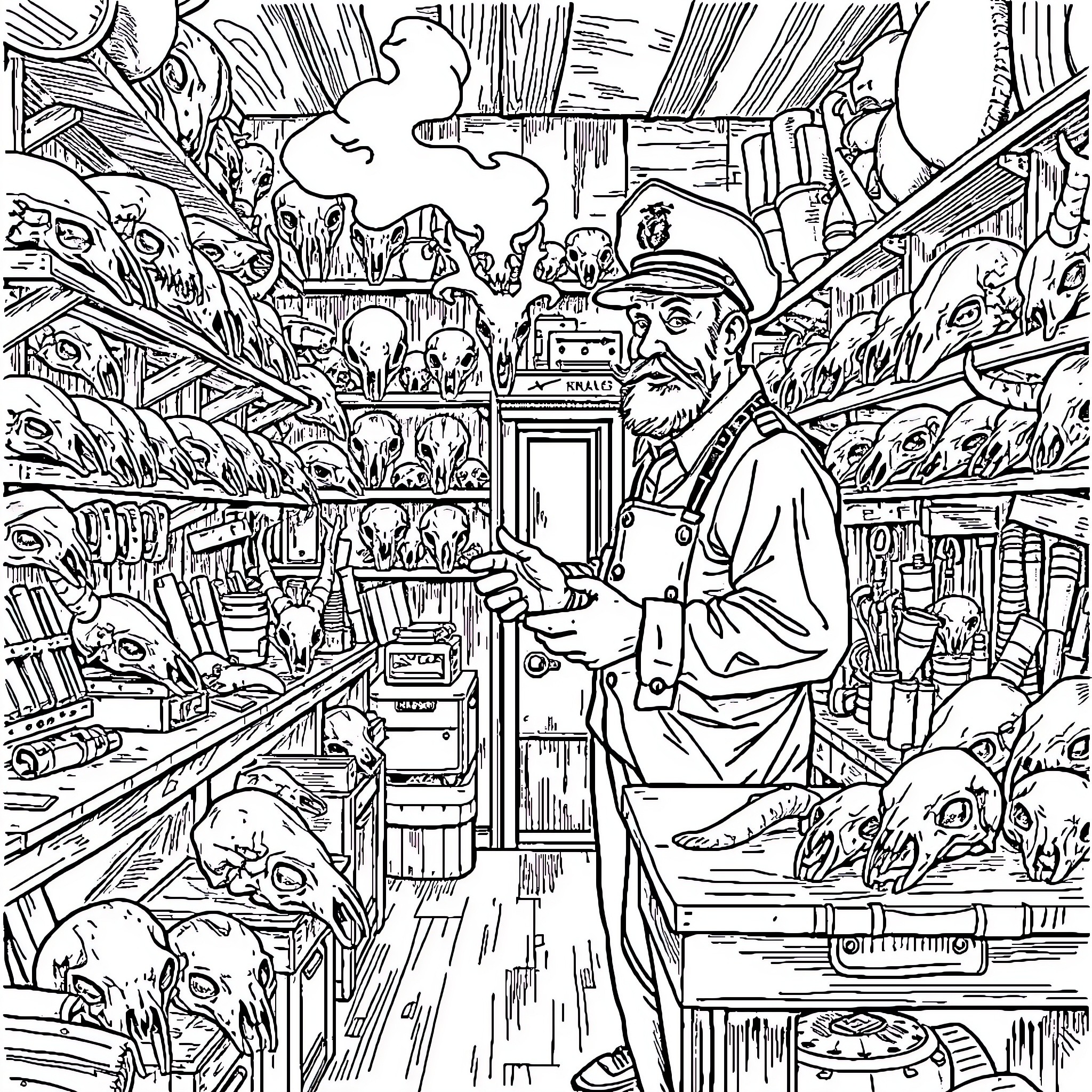 Train Conductor Surveying Cluttered and Unusual Railway Car Interior Coloring Page (free black-and-white line drawing printable PDF for all, from beginners to advanced learners, including children, teens, adults, and seniors)