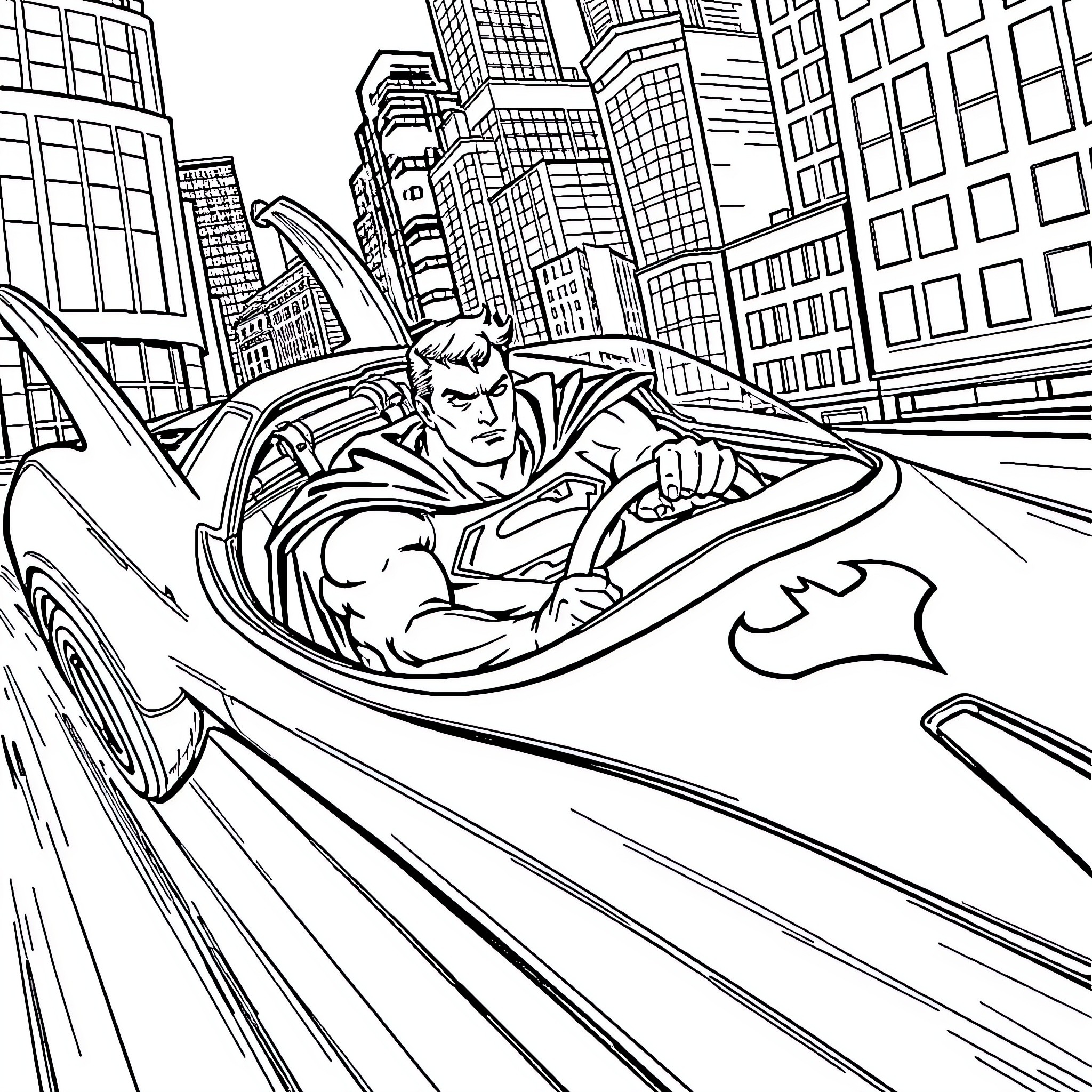 Superman racing through the city skyline Coloring Page (free black-and-white line drawing printable PDF for all, from beginners to advanced learners, including children, teens, adults, and seniors)