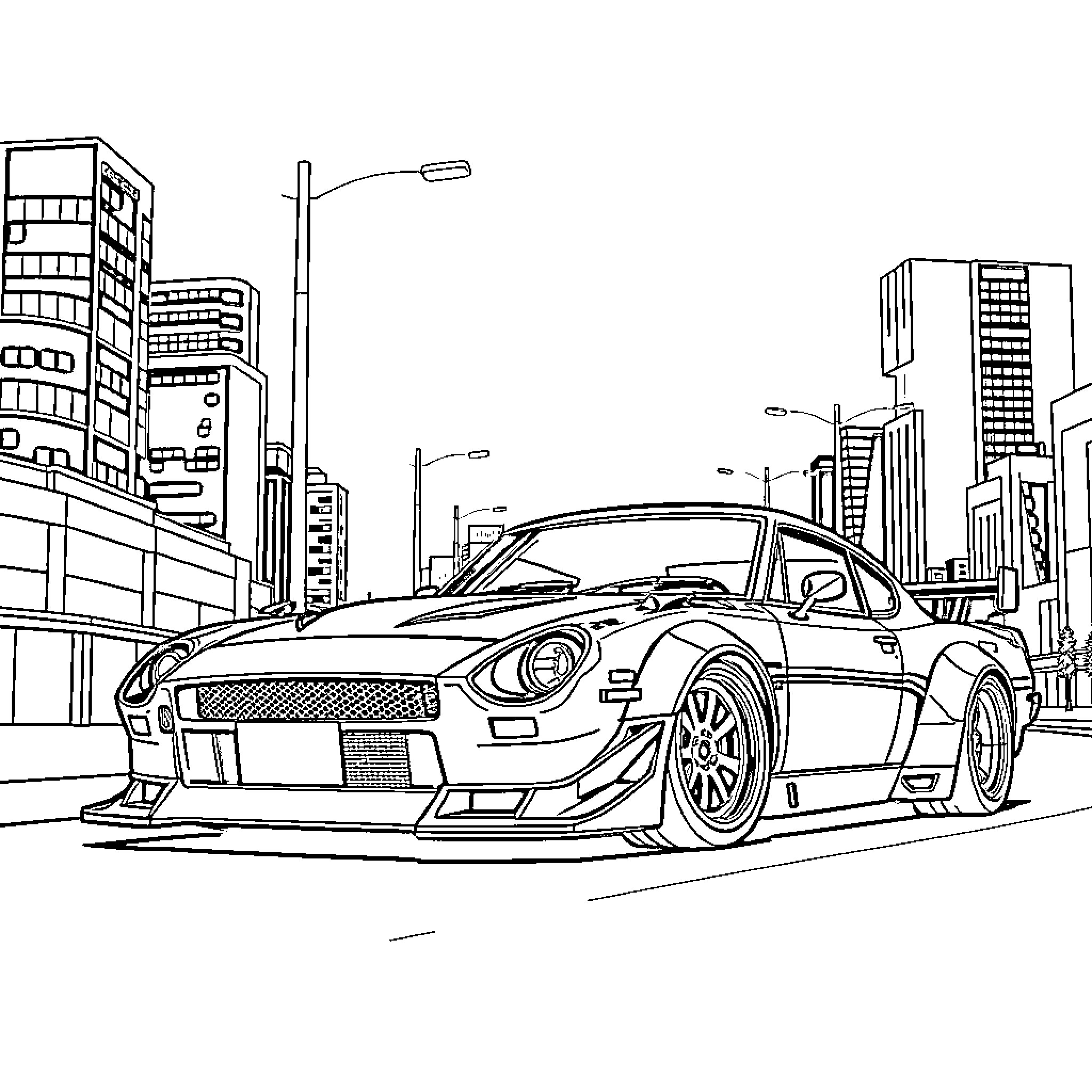 Nissan sports car in the city urban landscape Coloring Page (free black-and-white line drawing printable PDF for all, from beginners to advanced learners, including children, teens, adults, and seniors)