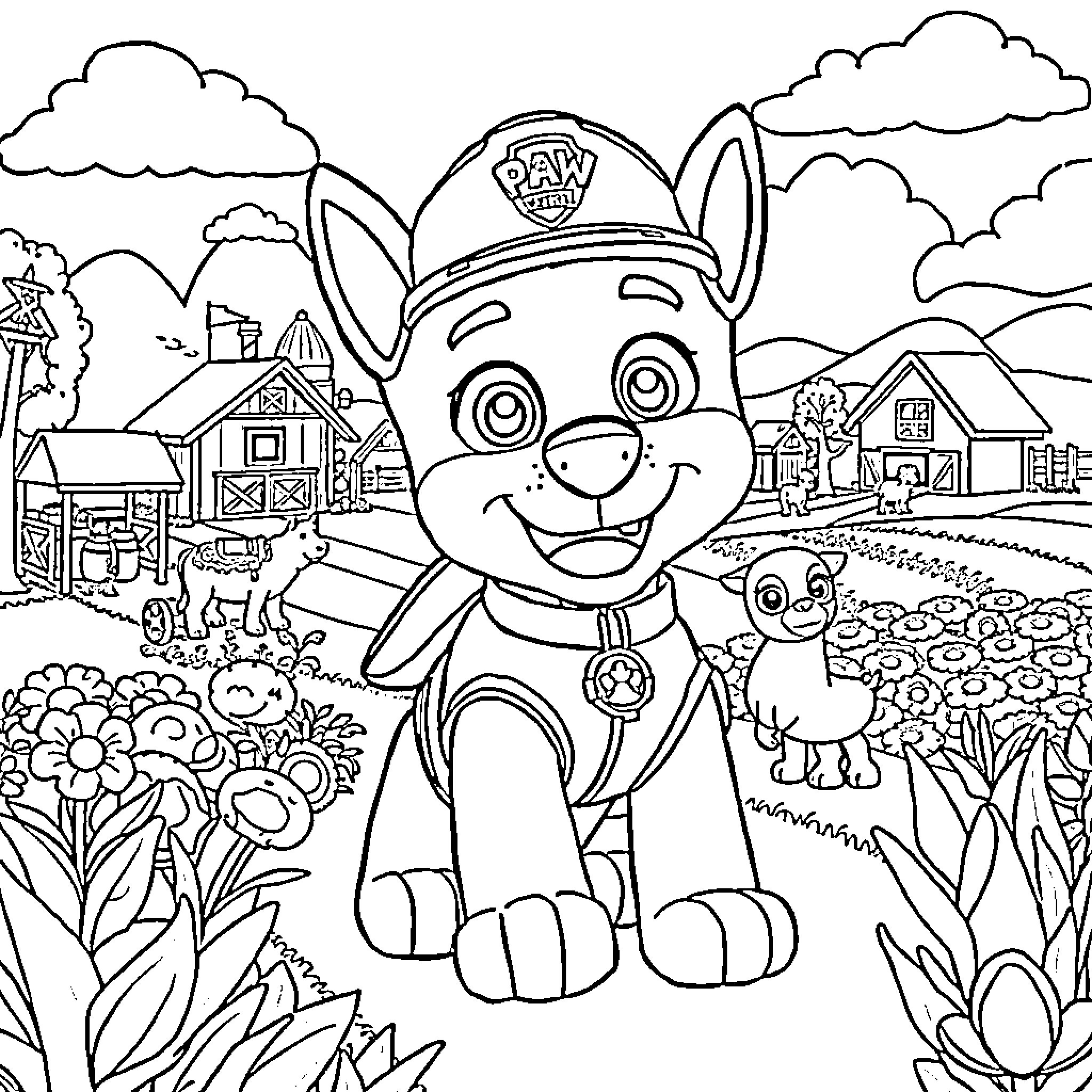 Chase the puppy on an adventure in the countryside Coloring Page (free black-and-white line drawing printable PDF for all, from beginners to advanced learners, including children, teens, adults, and seniors)