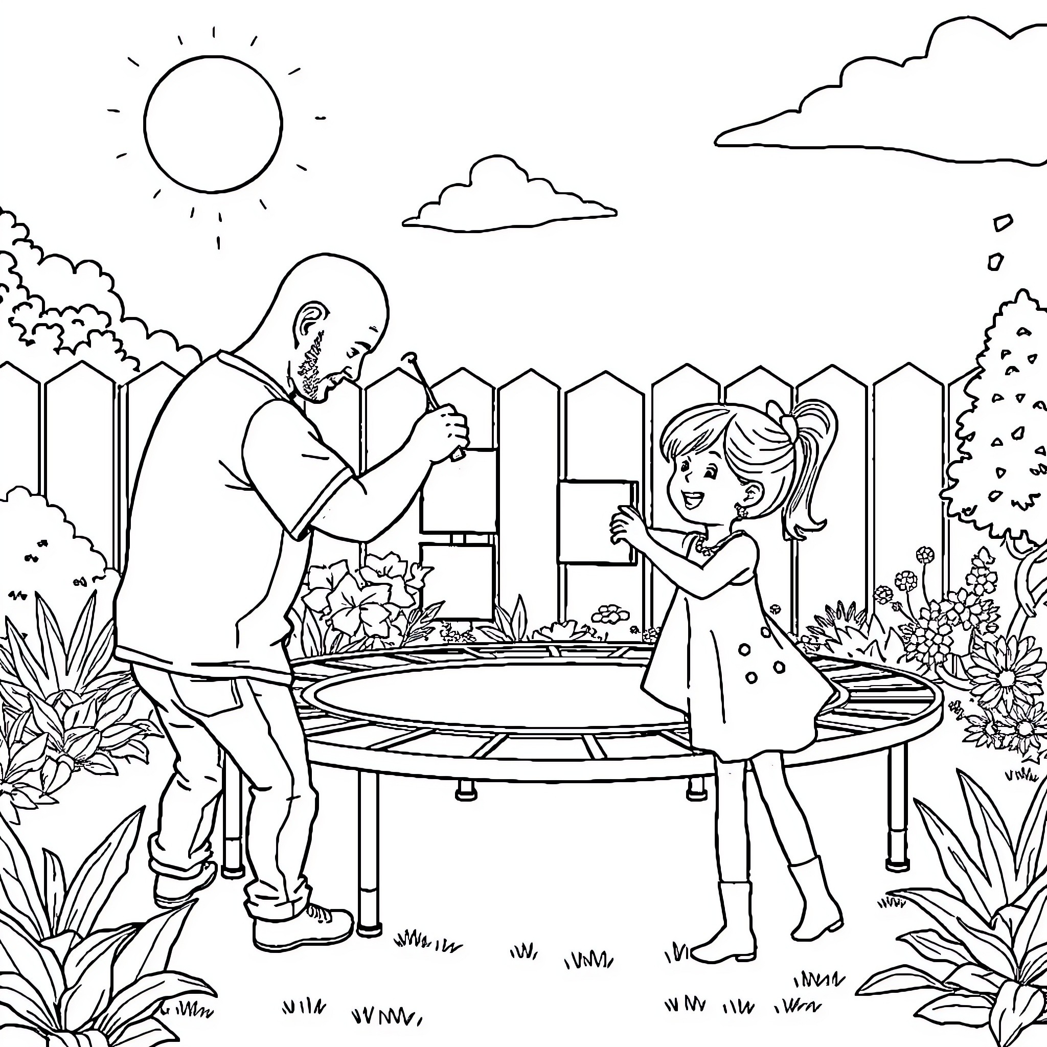 Man working in garden with young girl Coloring Page (free black-and-white line drawing printable PDF for all, from beginners to advanced learners, including children, teens, adults, and seniors)