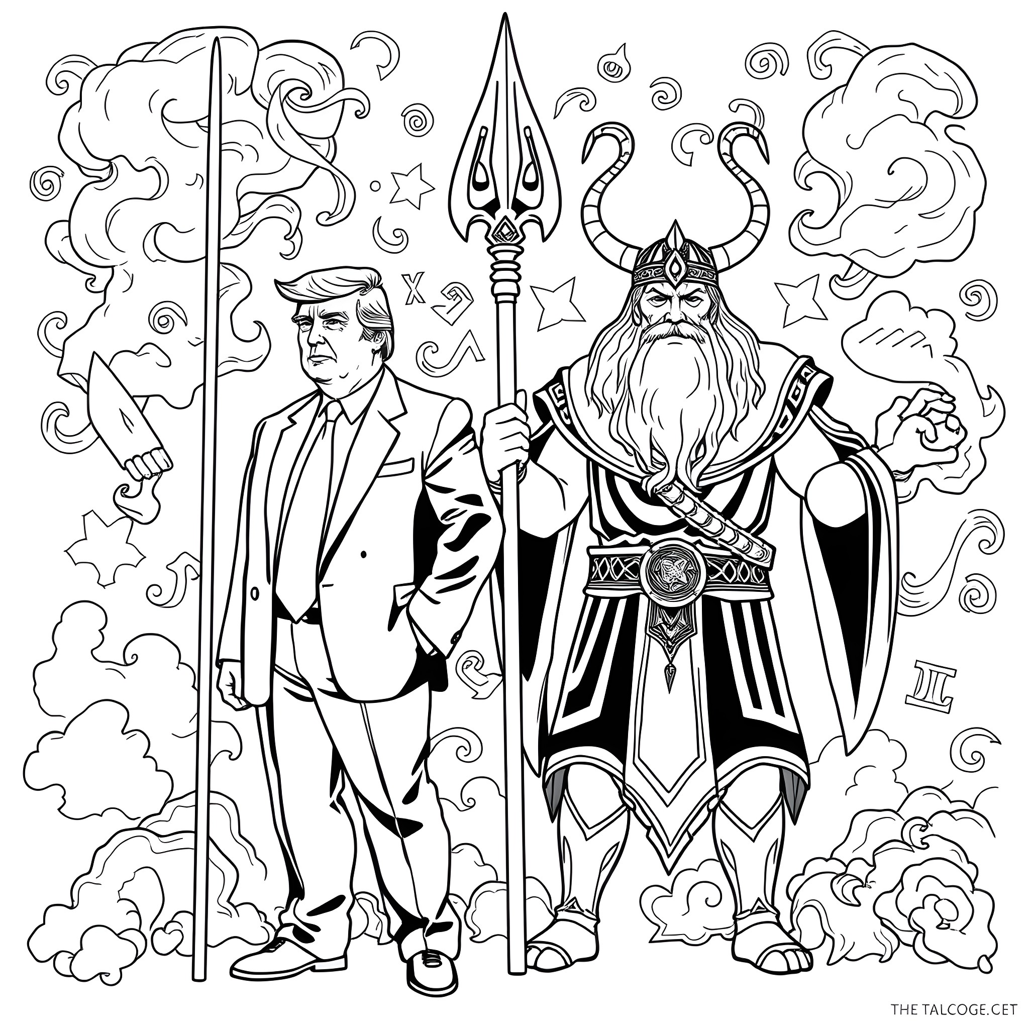 Trump and the Mythical Warrior in a Surreal Scene Coloring Page (free black-and-white line drawing printable PDF for all, from beginners to advanced learners, including children, teens, adults, and seniors)