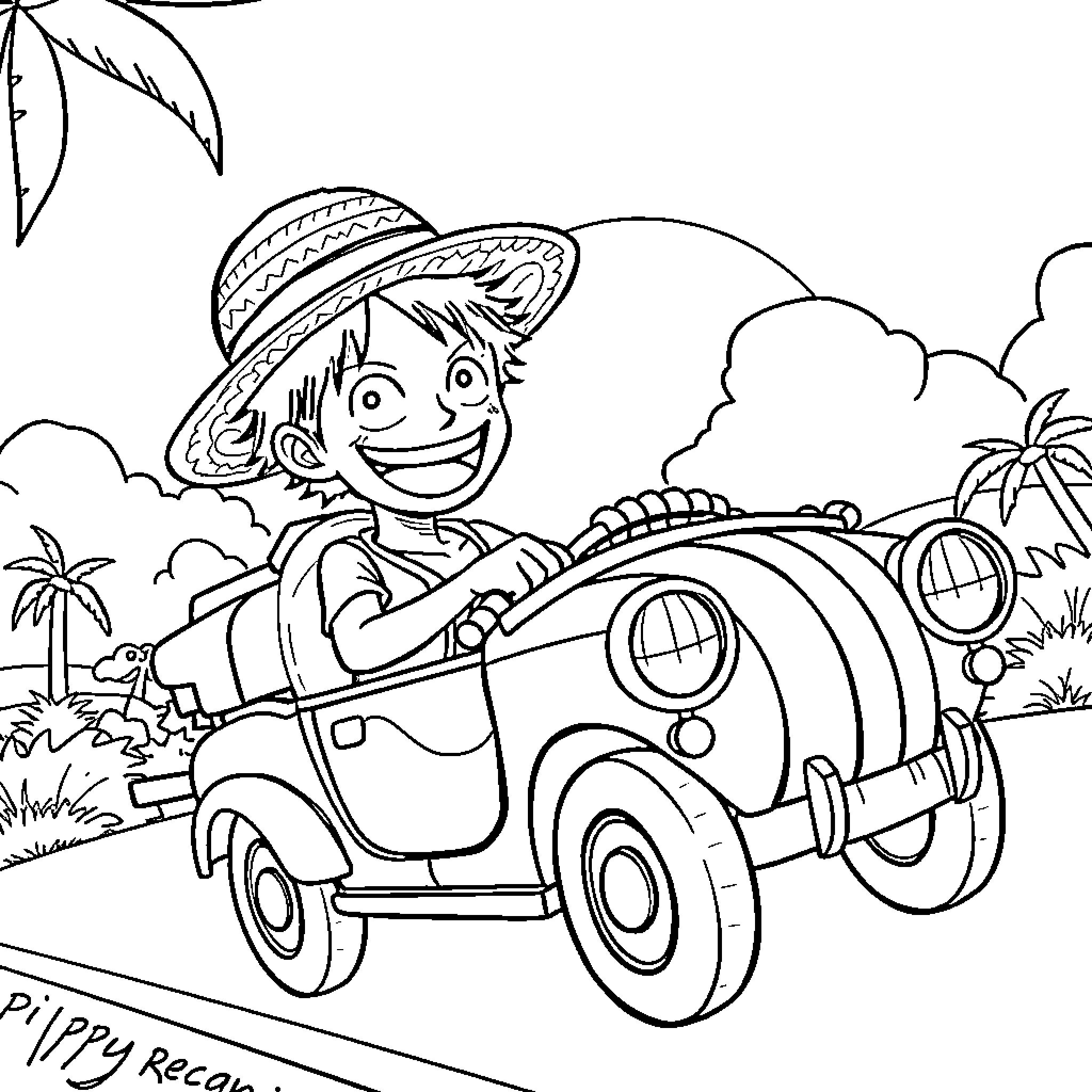 Luffy Drives His Adventurous Buggy in the Tropics Coloring Page (free black-and-white line drawing printable PDF for all, from beginners to advanced learners, including children, teens, adults, and seniors)