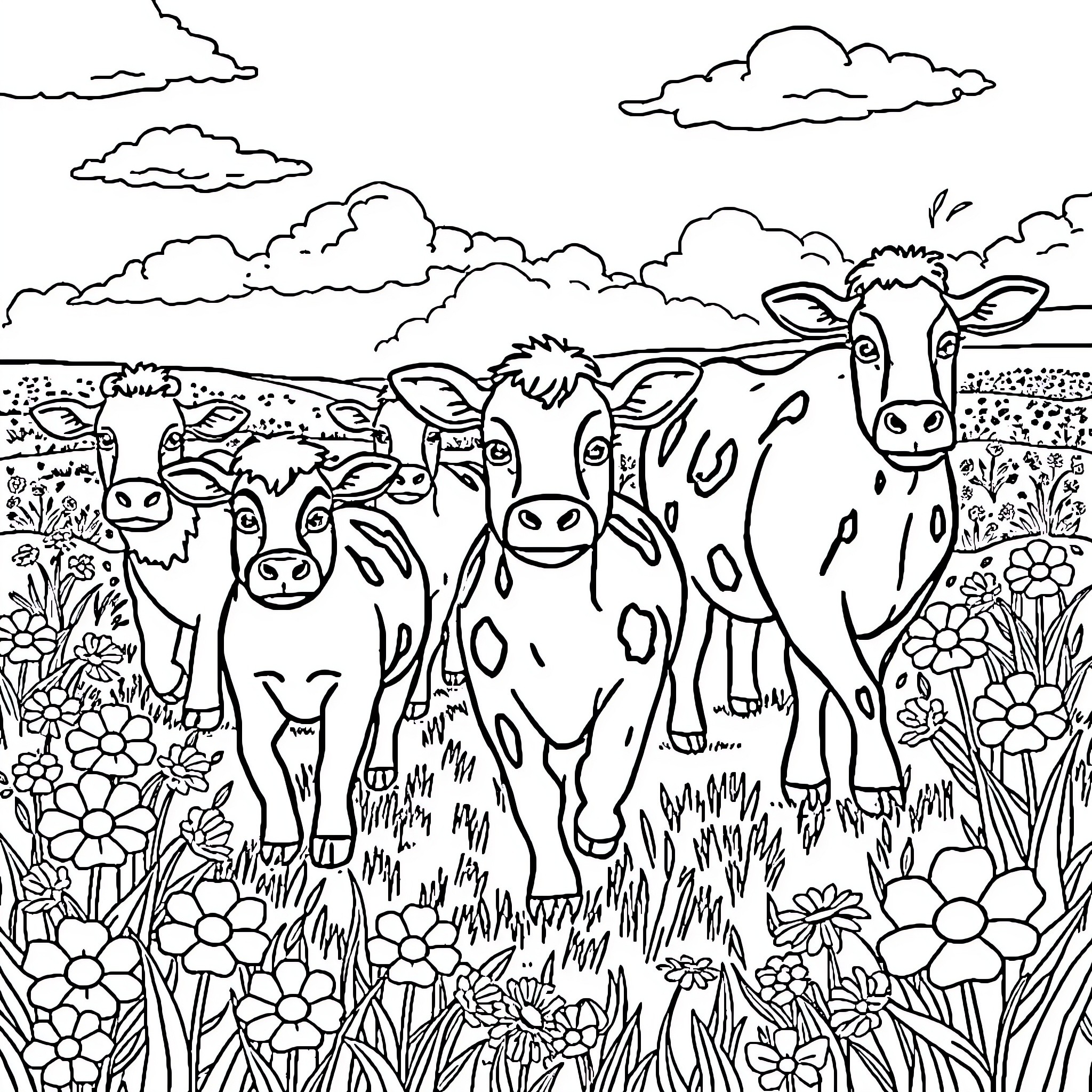 Farm Animal Herd Grazing in Meadow Coloring Page (free black-and-white line drawing printable PDF for all, from beginners to advanced learners, including children, teens, adults, and seniors)