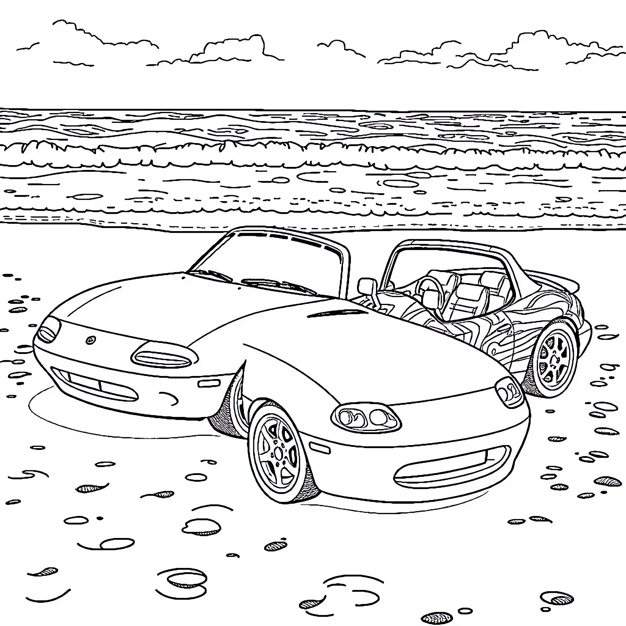 Mazda sports car on the beach Coloring Page (free black-and-white line drawing printable PDF for all, from beginners to advanced learners, including children, teens, adults, and seniors)