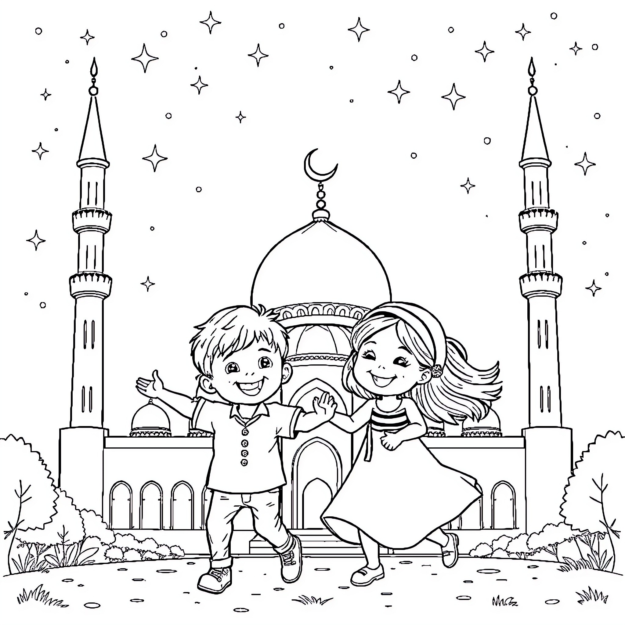 Islam: Children Playing Near Mosque at Night Coloring Page (free black-and-white line drawing printable PDF for all, from beginners to advanced learners, including children, teens, adults, and seniors)