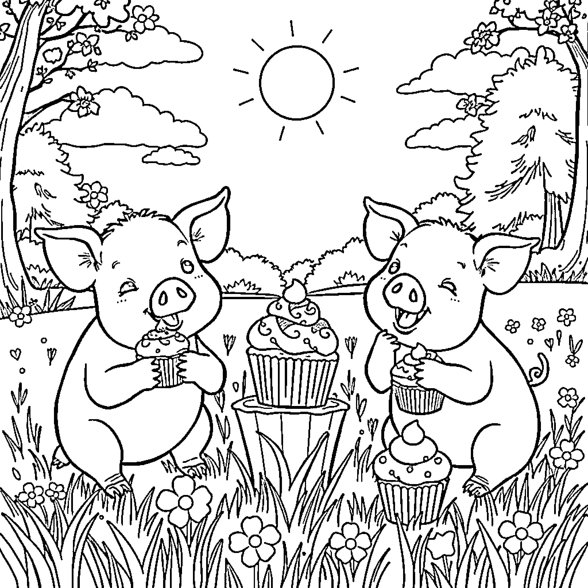 Pig Pals Enjoy Cupcakes in Sunny Forest Coloring Page (free black-and-white line drawing printable PDF for all, from beginners to advanced learners, including children, teens, adults, and seniors)
