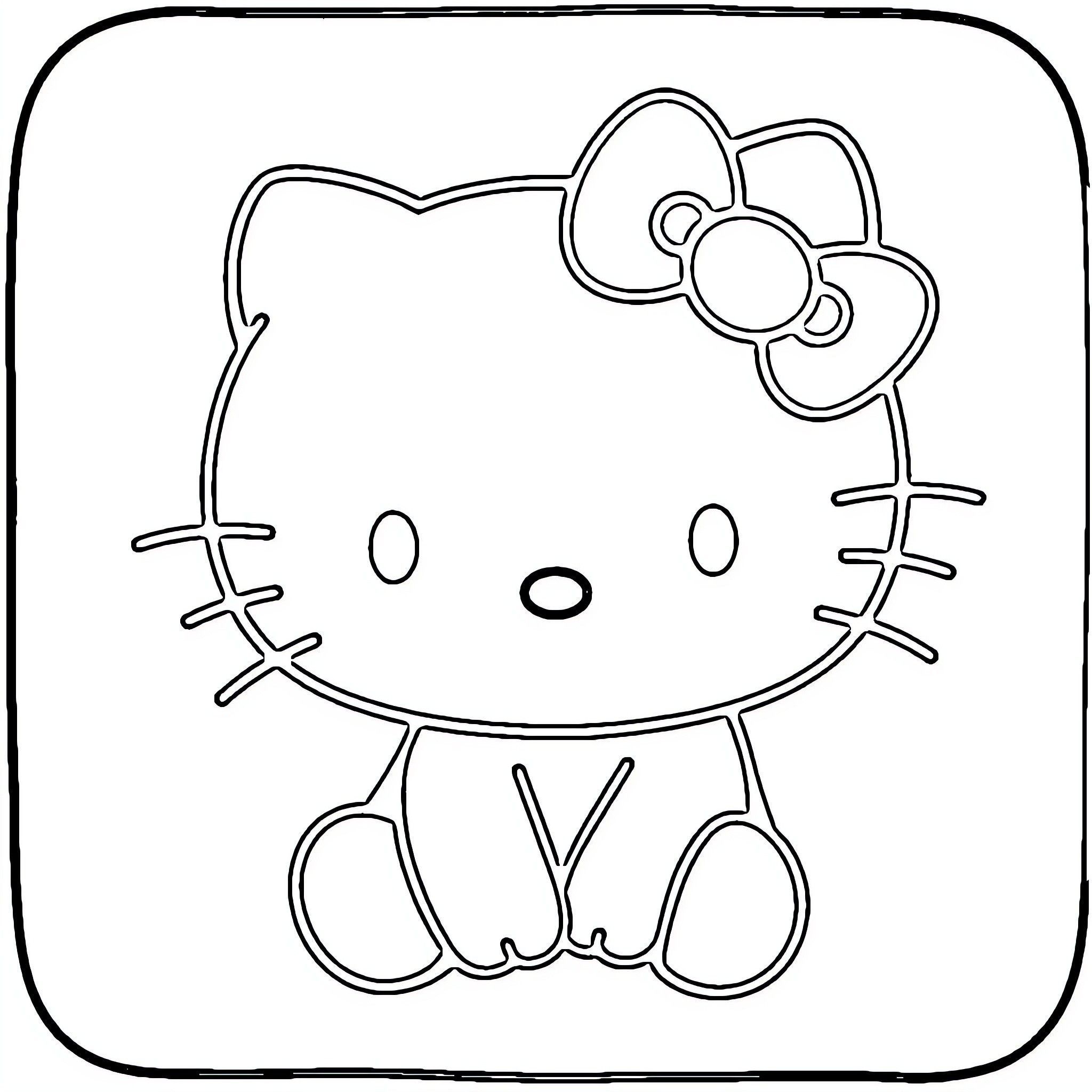 Hello Kitty sitting cutely Coloring Page (free black-and-white line drawing printable PDF for all, from beginners to advanced learners, including children, teens, adults, and seniors)