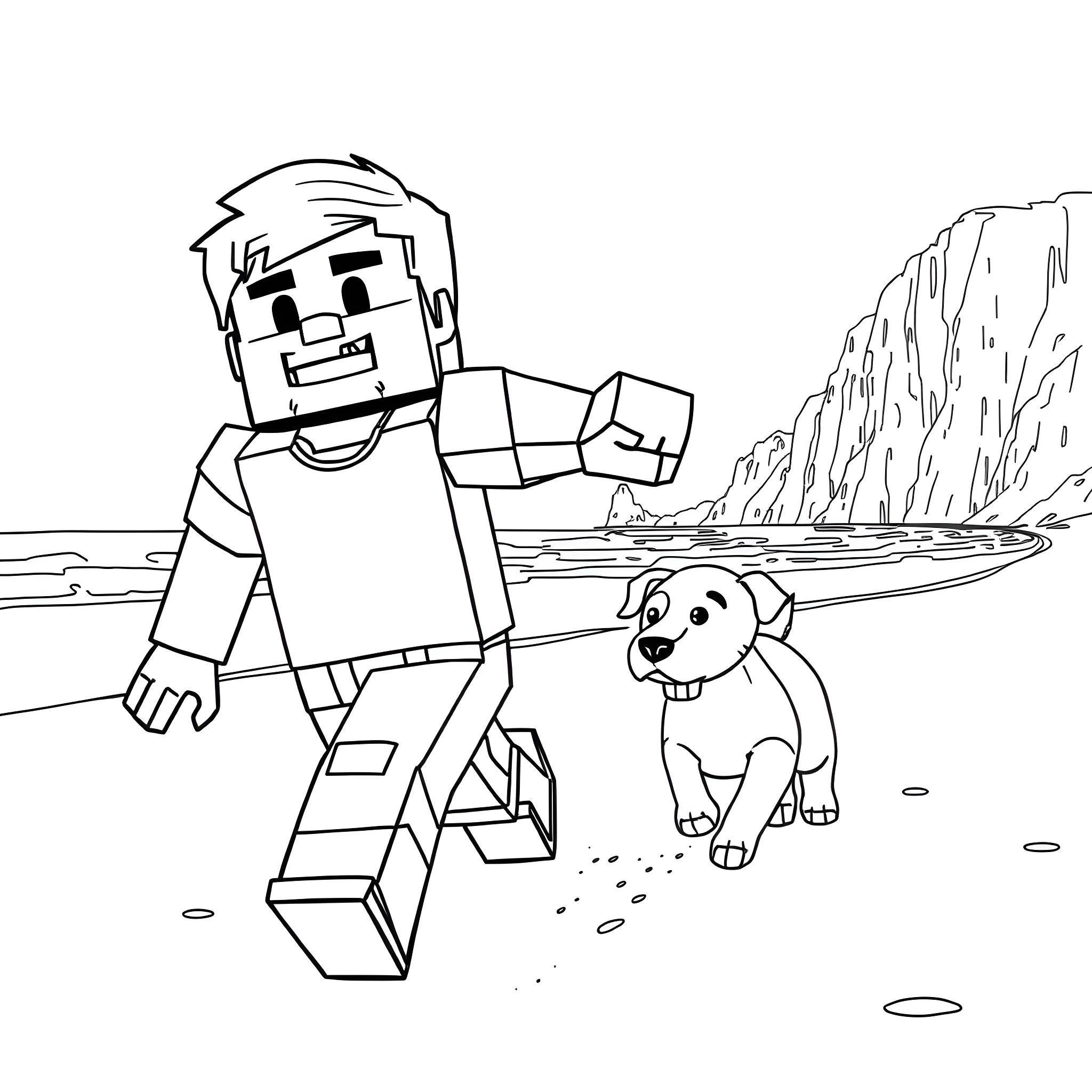 Steve and his dog exploring the wilderness Coloring Page (free black-and-white line drawing printable PDF for all, from beginners to advanced learners, including children, teens, adults, and seniors)