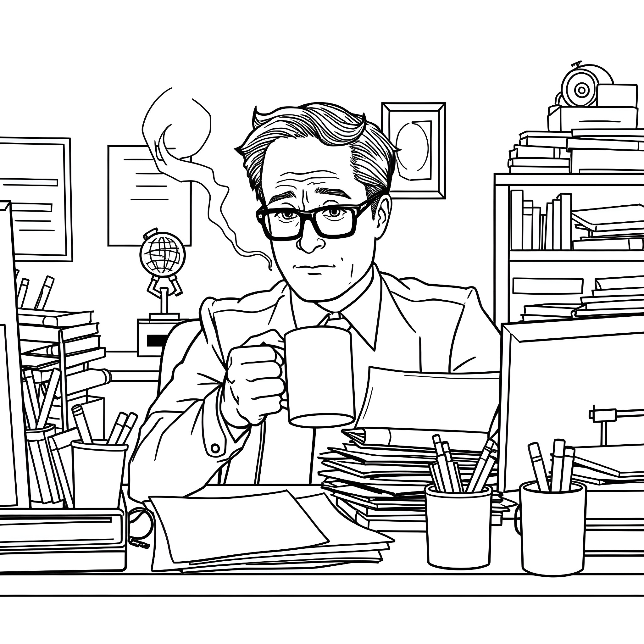 Dwight hard at work in his organized office Coloring Page (free black-and-white line drawing printable PDF for all, from beginners to advanced learners, including children, teens, adults, and seniors)