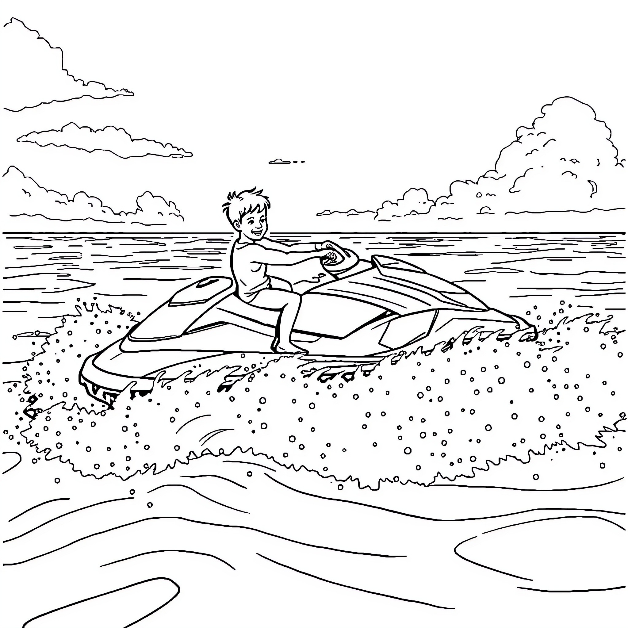 Kid riding jet ski on the waves Coloring Page (free black-and-white line drawing printable PDF for all, from beginners to advanced learners, including children, teens, adults, and seniors)