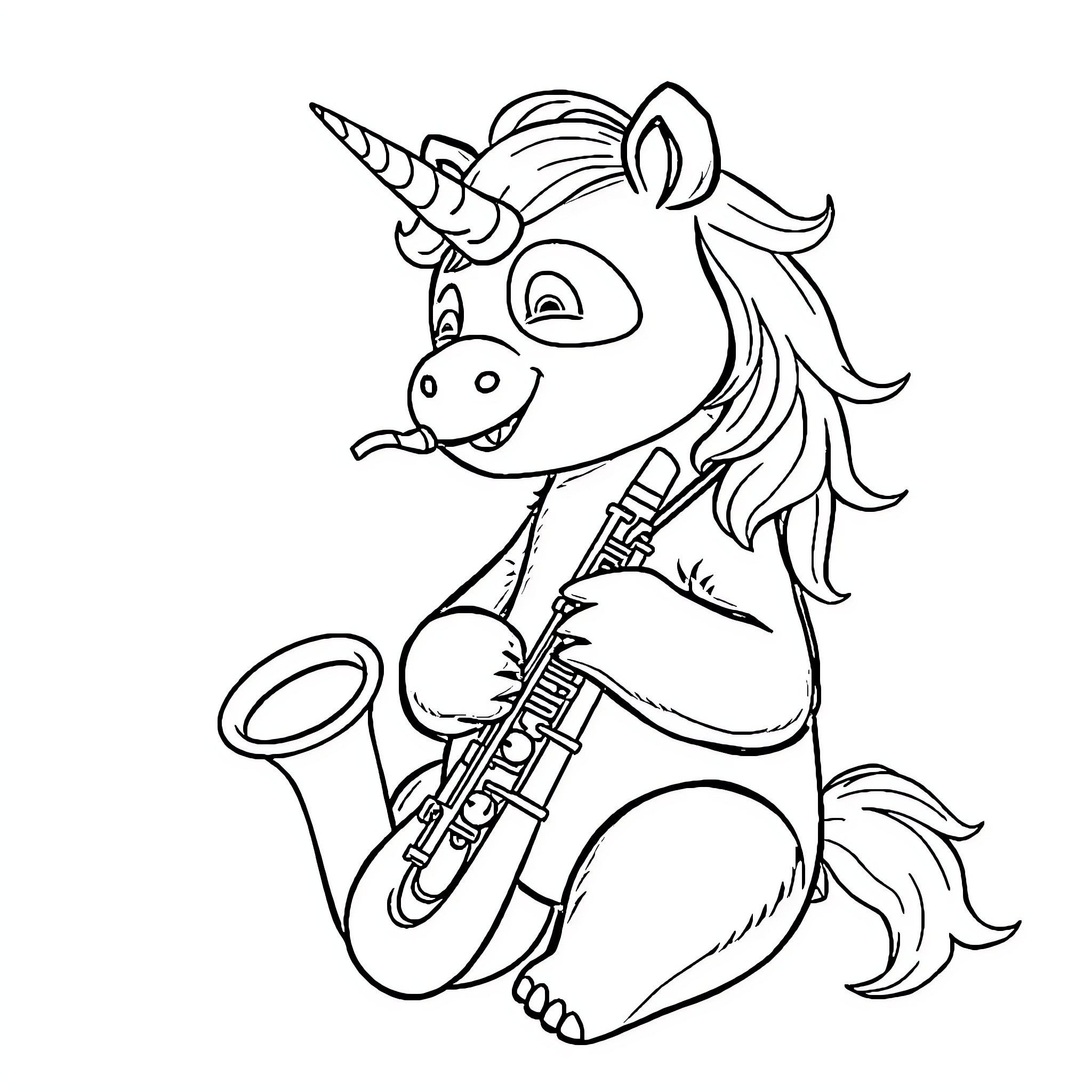Unicorn playing the saxophone joyfully Coloring Page (free black-and-white line drawing printable PDF for all, from beginners to advanced learners, including children, teens, adults, and seniors)