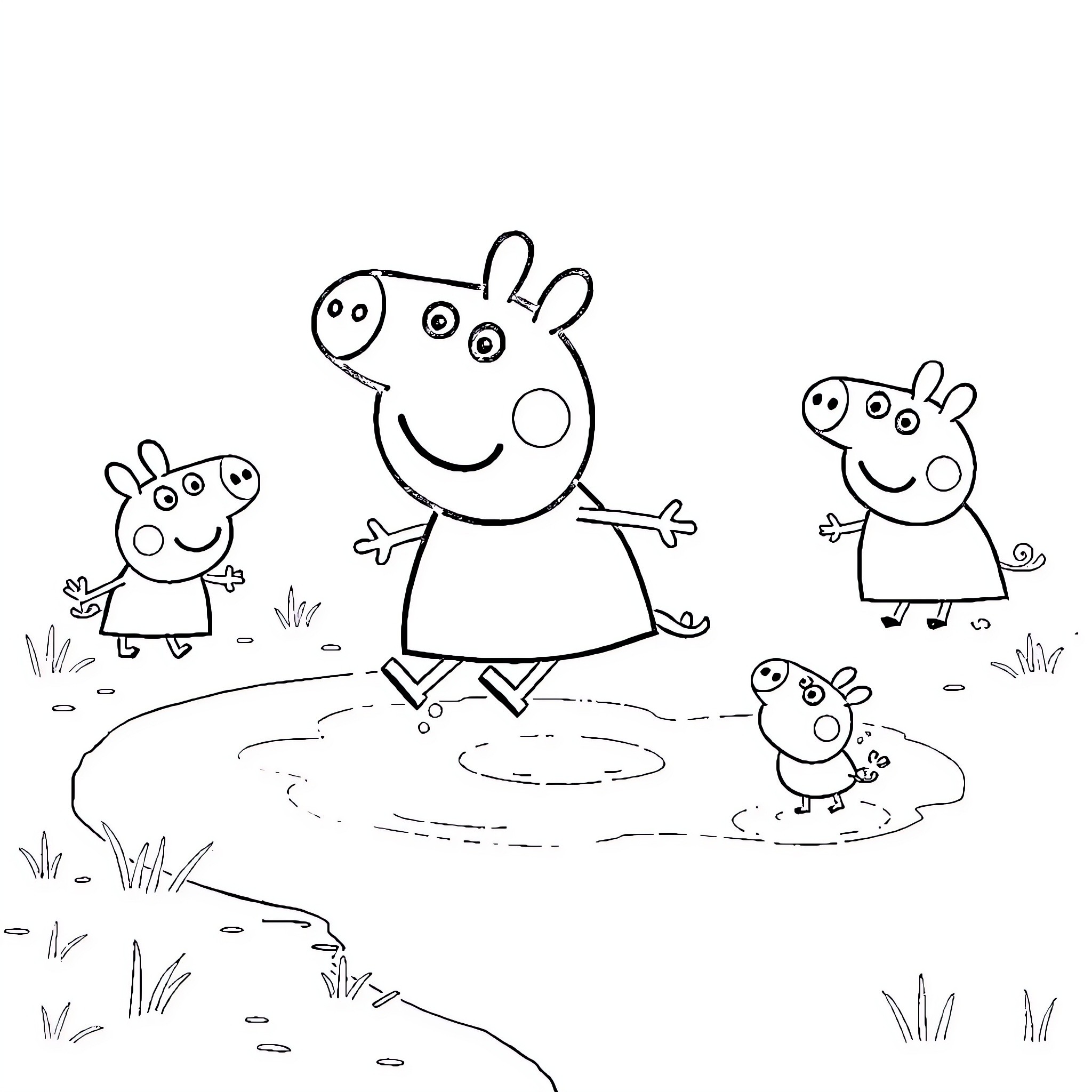 Peppa Pig and Friends Enjoying Outdoor Adventures Coloring Page (free black-and-white line drawing printable PDF for all, from beginners to advanced learners, including children, teens, adults, and seniors)
