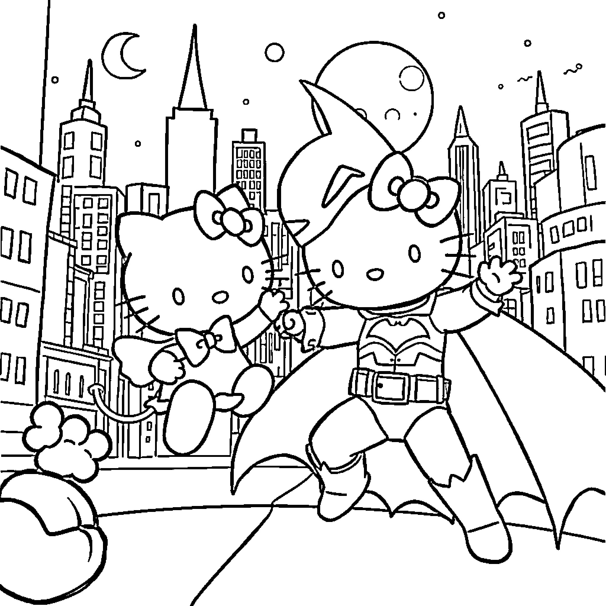 Batman Hello Kitty exploring a nighttime city Coloring Page (free black-and-white line drawing printable PDF for all, from beginners to advanced learners, including children, teens, adults, and seniors)