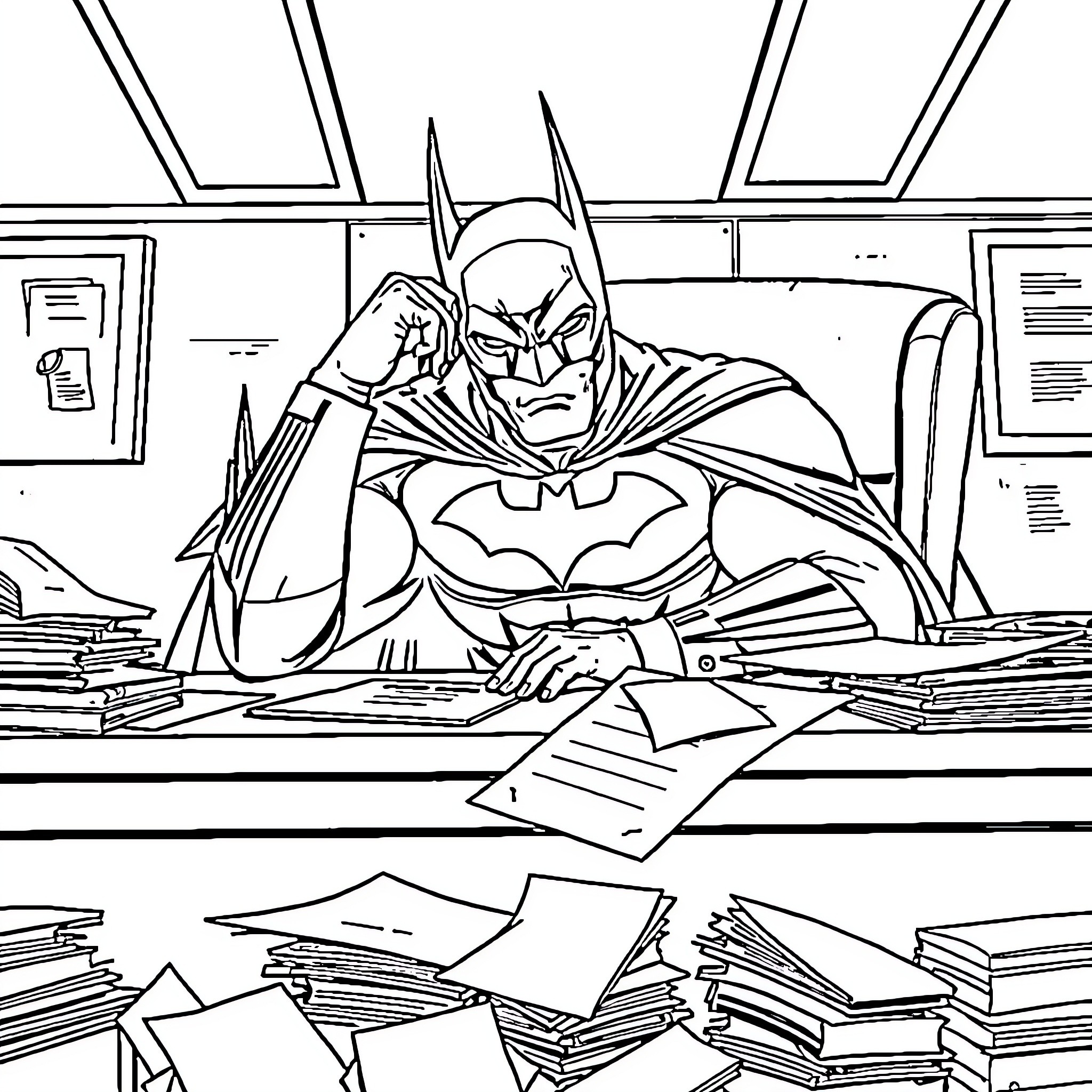 Batman at work in his office Coloring Page (free black-and-white line drawing printable PDF for all, from beginners to advanced learners, including children, teens, adults, and seniors)