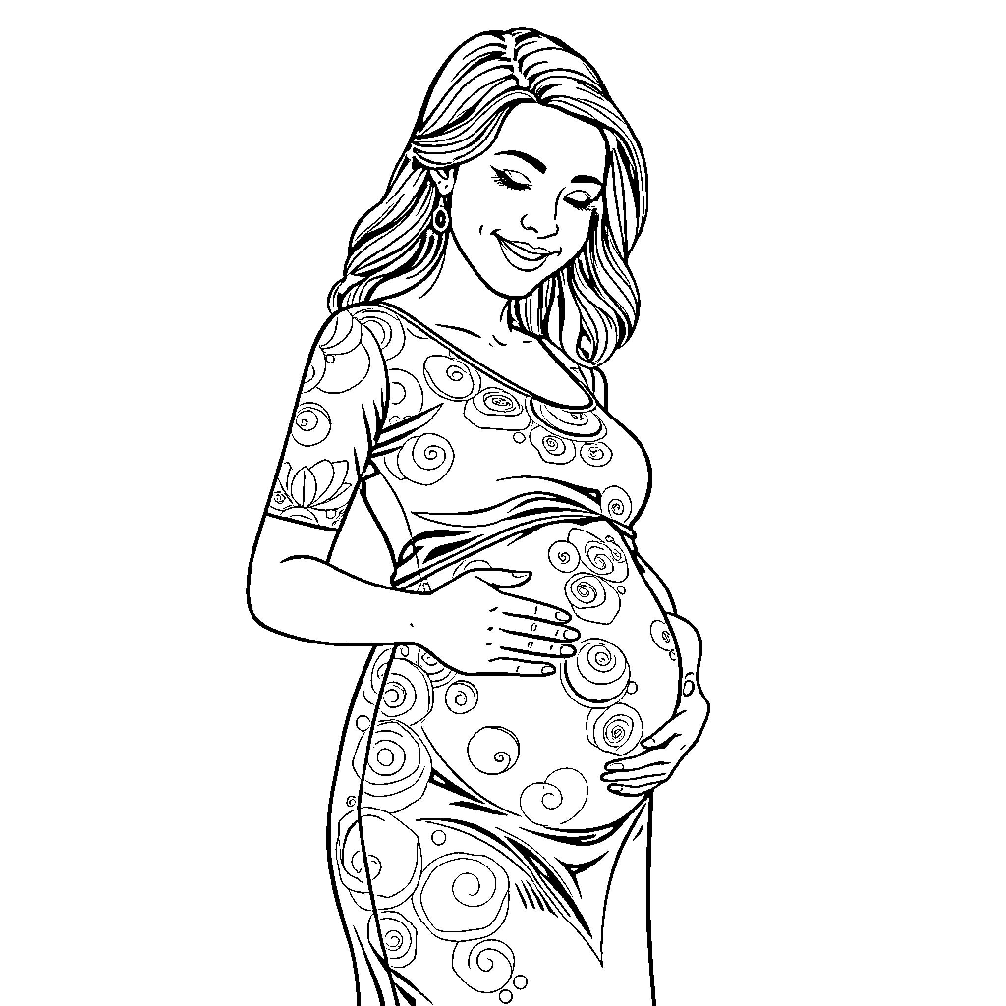 Pregnant Woman Smiling Happily in Patterned Dress Coloring Page (free black-and-white line drawing printable PDF for all, from beginners to advanced learners, including children, teens, adults, and seniors)