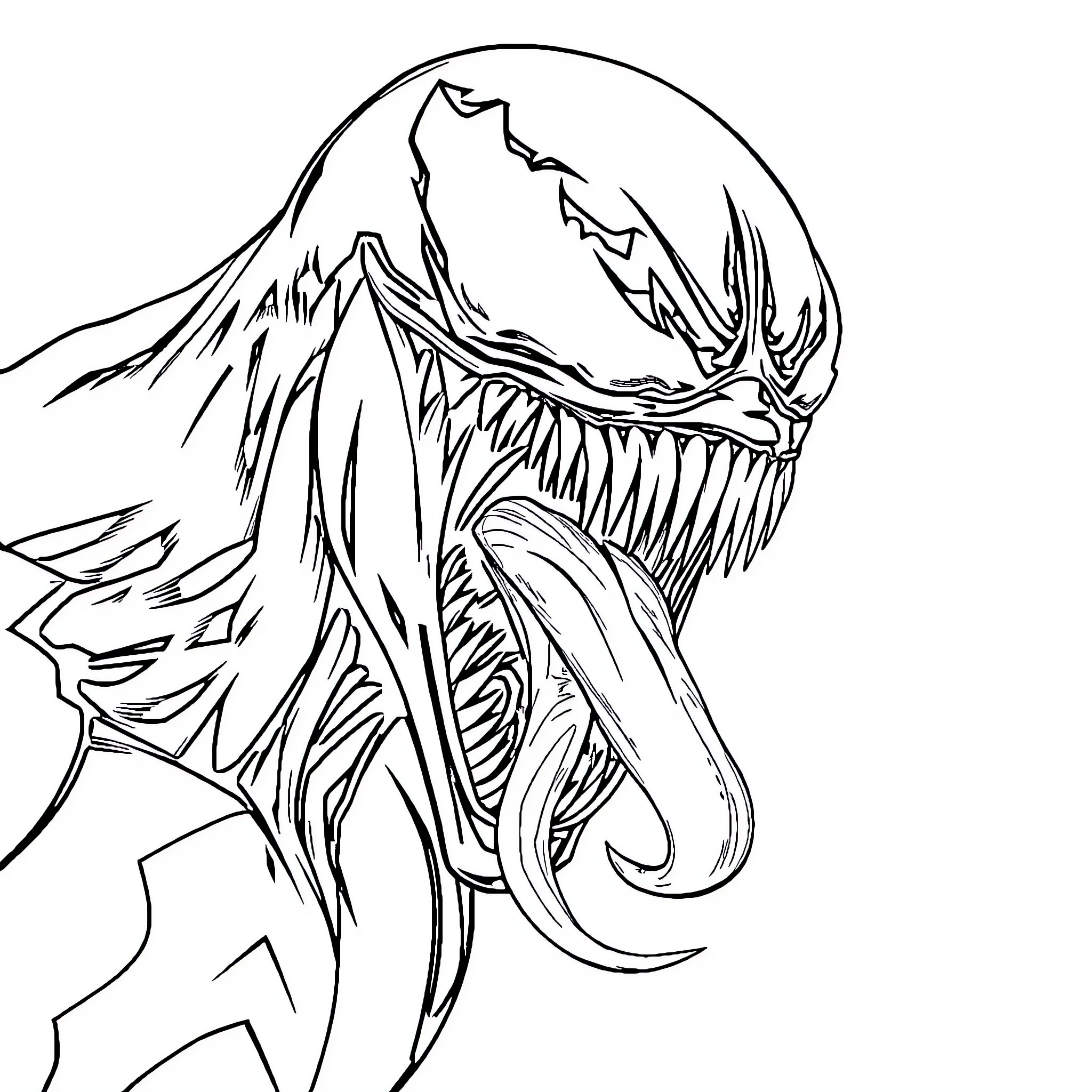 Venom's Monstrous Visage and Menacing Presence Coloring Page (free black-and-white line drawing printable PDF for all, from beginners to advanced learners, including children, teens, adults, and seniors)