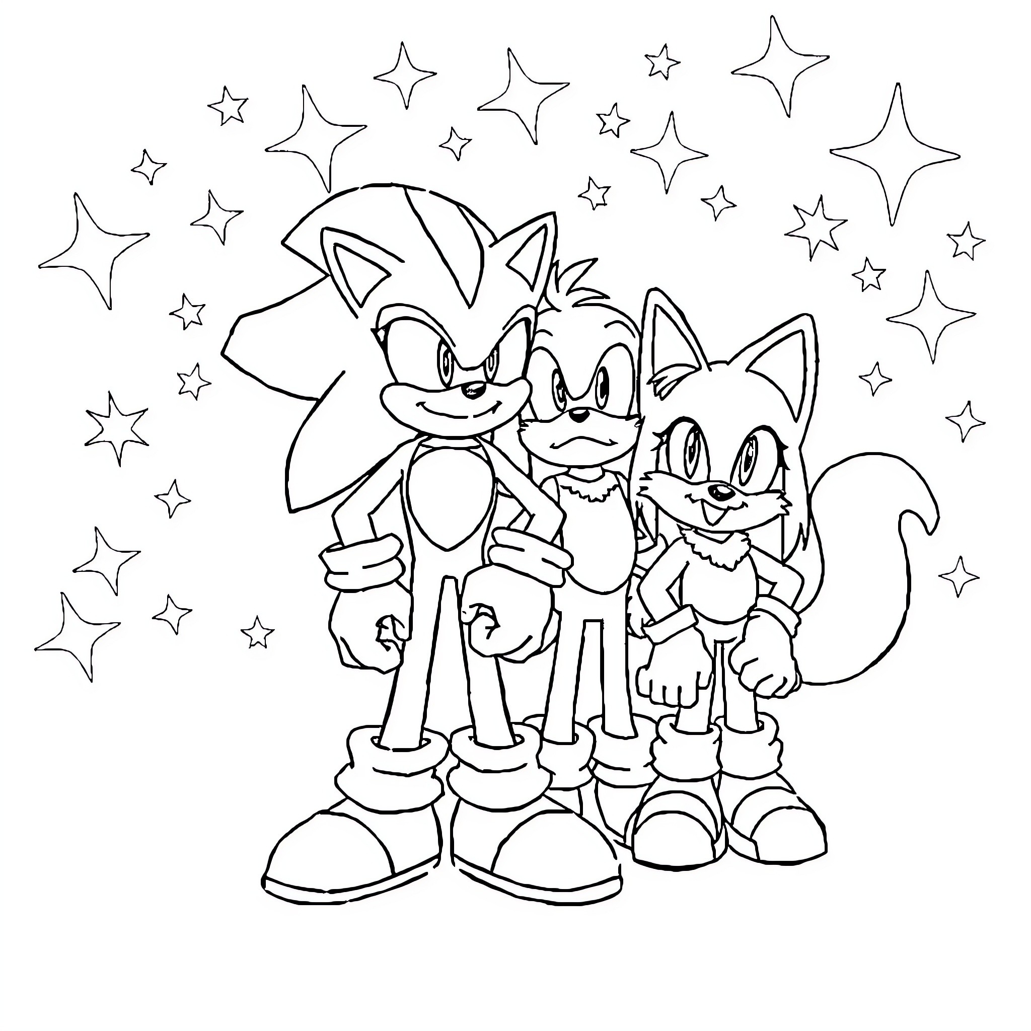 Sonic and friends in a starry scene Coloring Page (free black-and-white line drawing printable PDF for all, from beginners to advanced learners, including children, teens, adults, and seniors)