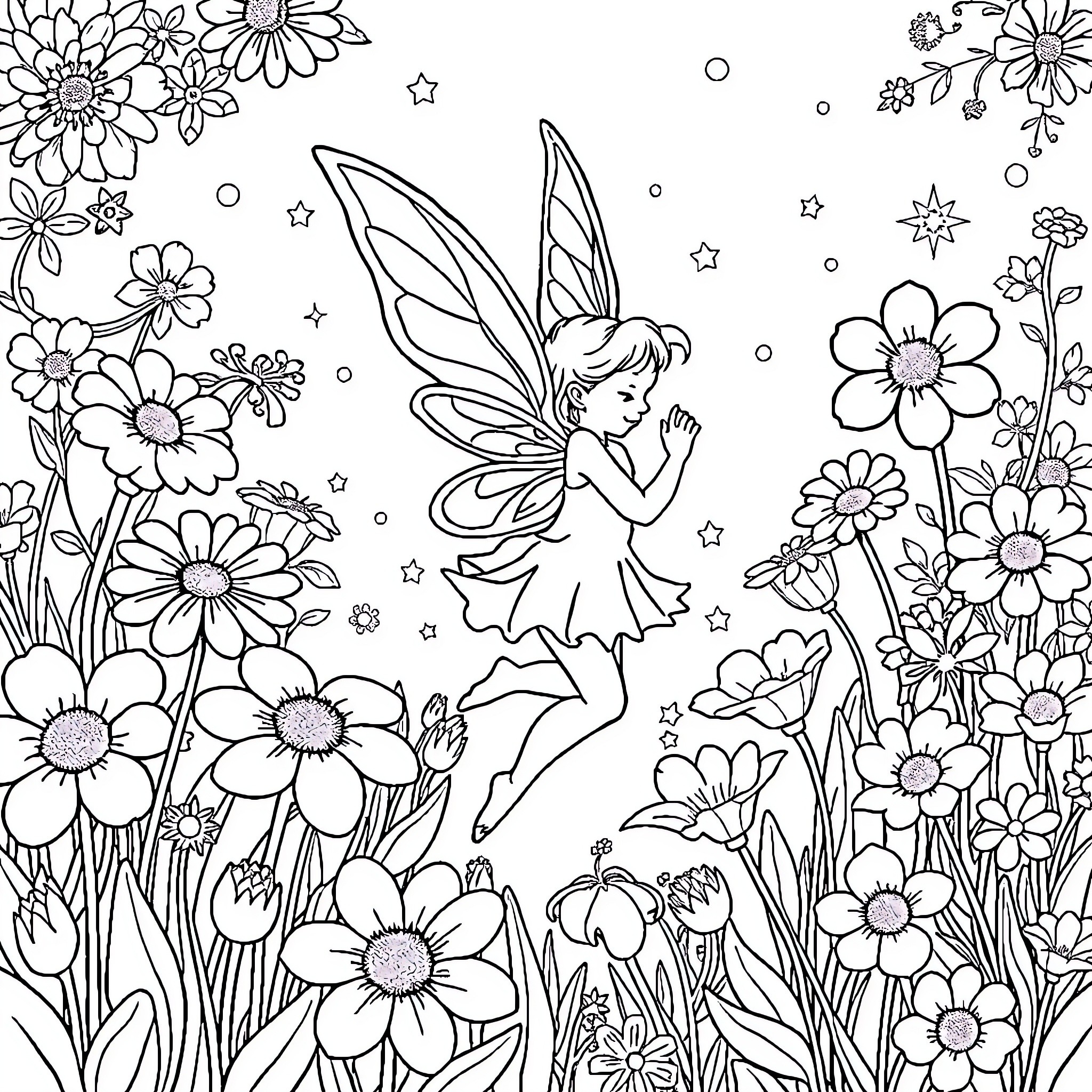 Fairy dancing amidst enchanting floral landscape Coloring Page (free black-and-white line drawing printable PDF for all, from beginners to advanced learners, including children, teens, adults, and seniors)