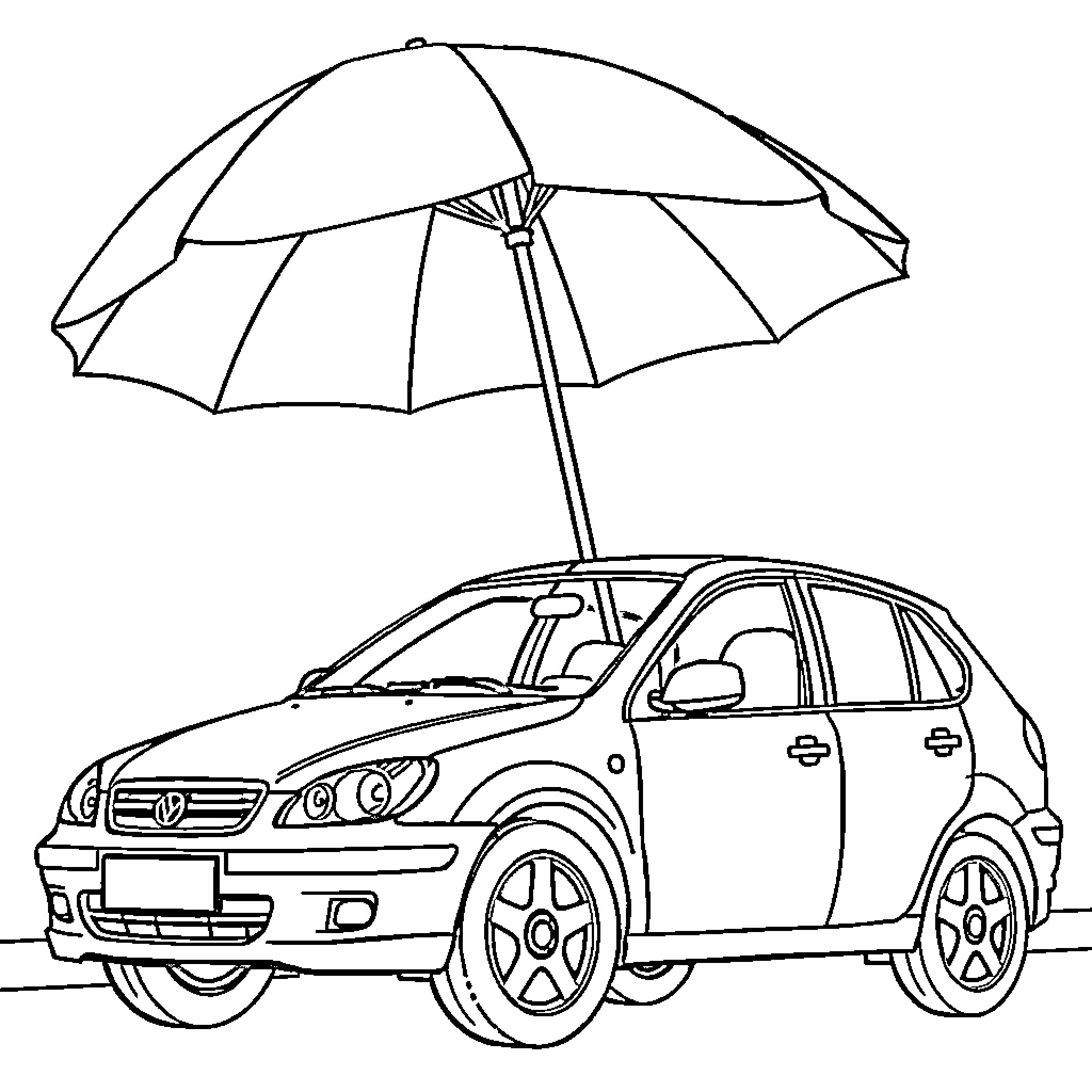 Car Parked under Umbrella Coloring Page (free black-and-white line drawing printable PDF for all, from beginners to advanced learners, including children, teens, adults, and seniors)