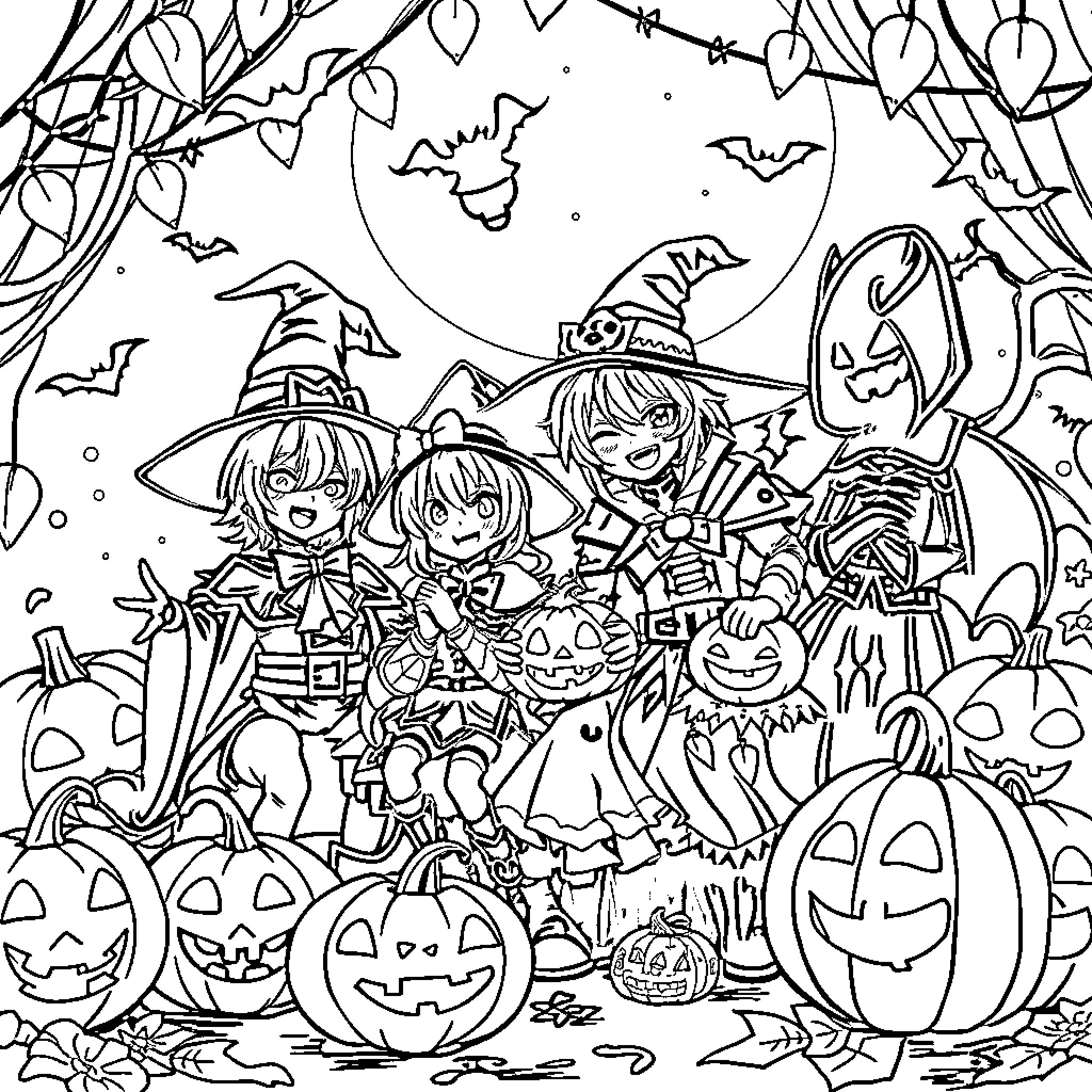 Genshin Impact Characters Celebrating Halloween Coloring Page (free black-and-white line drawing printable PDF for all, from beginners to advanced learners, including children, teens, adults, and seniors)