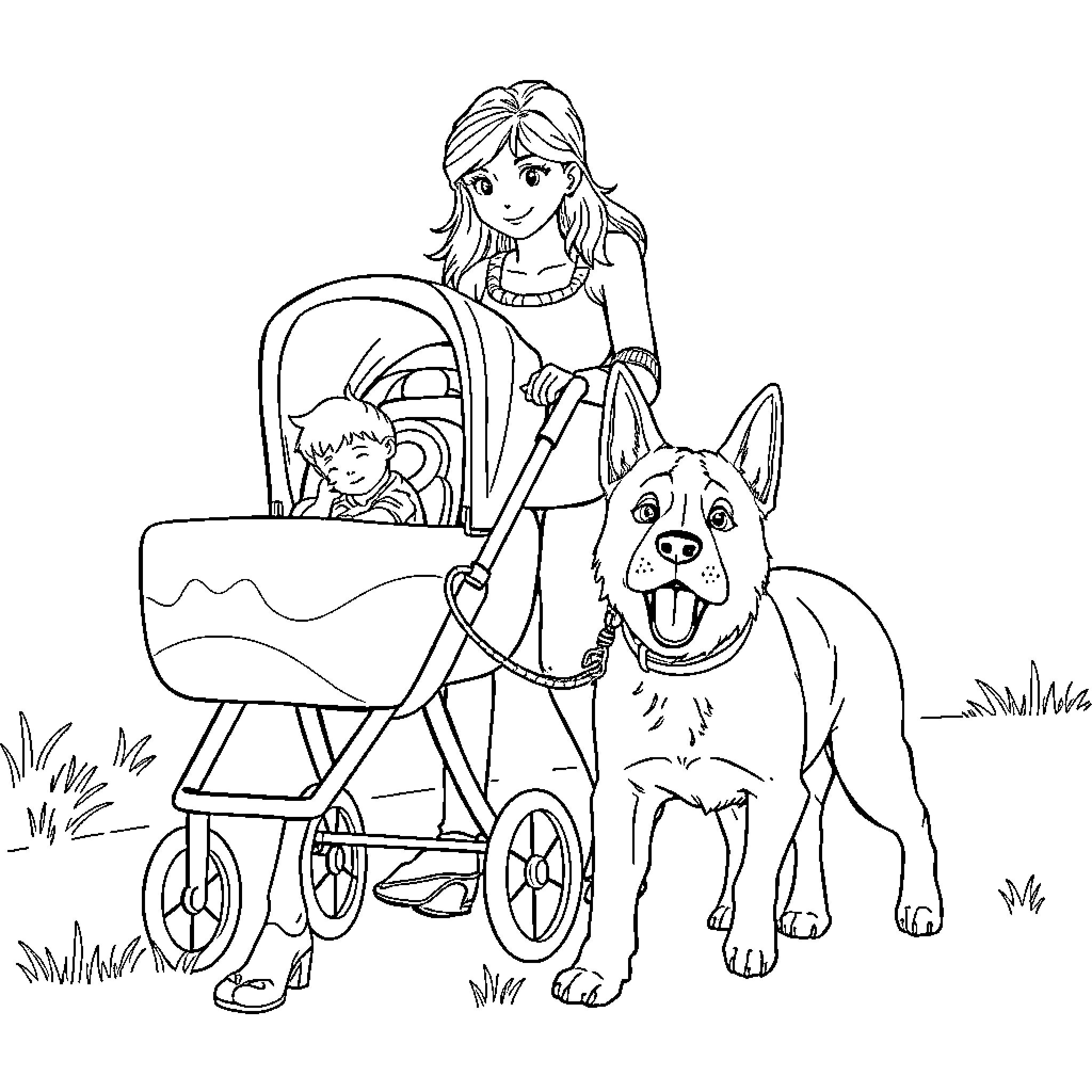 Kane Corso with Woman and Child in Stroller Coloring Page (free black-and-white line drawing printable PDF for all, from beginners to advanced learners, including children, teens, adults, and seniors)