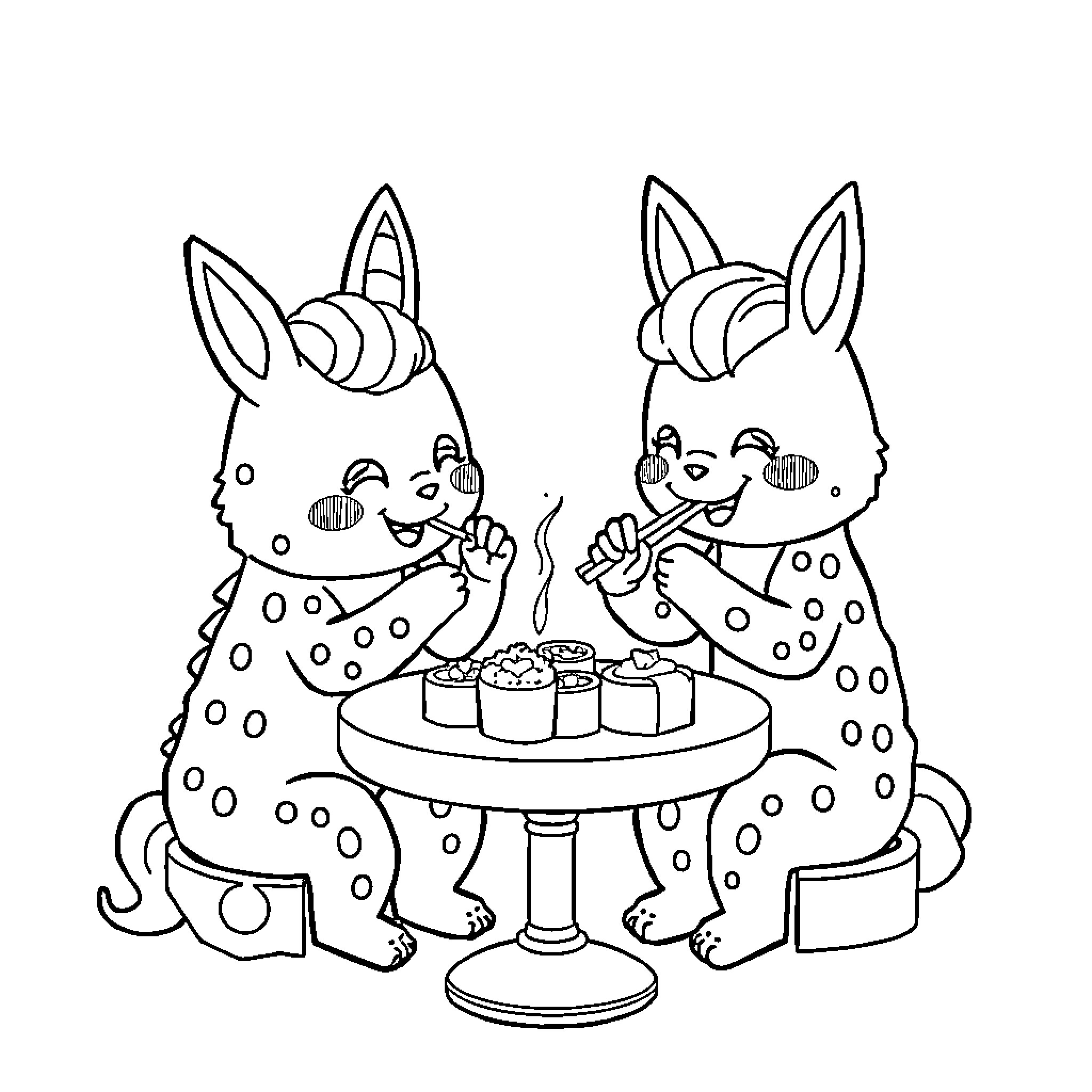 Tralalero Rabbits Enjoying a Festive Cake Coloring Page (free black-and-white line drawing printable PDF for all, from beginners to advanced learners, including children, teens, adults, and seniors)