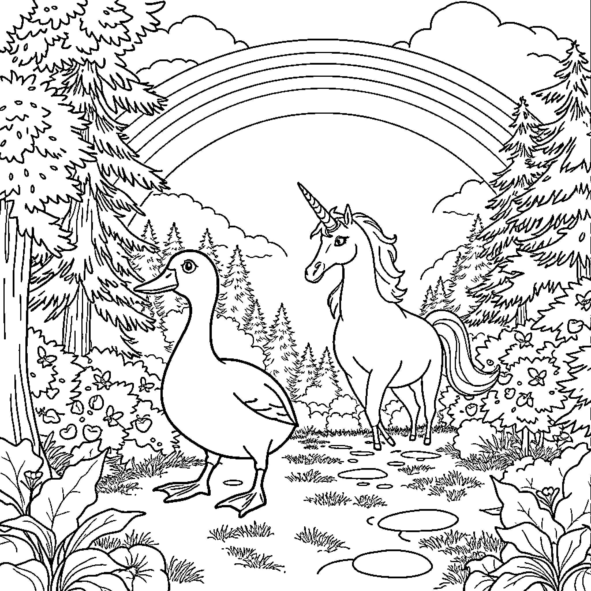 Duck and Unicorn in Magical Forest Coloring Page (free black-and-white line drawing printable PDF for all, from beginners to advanced learners, including children, teens, adults, and seniors)