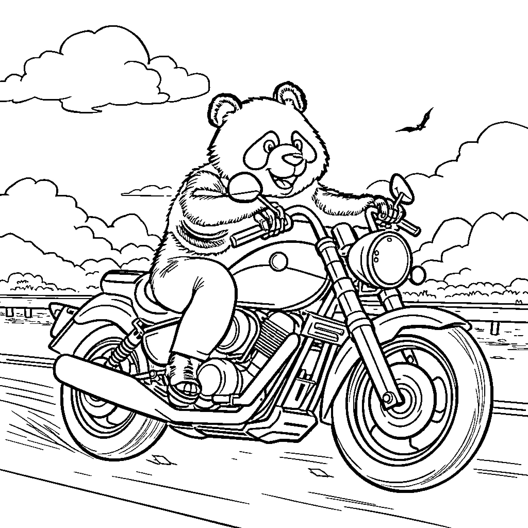 Panda riding a motorcycle through the countryside Coloring Page (free black-and-white line drawing printable PDF for all, from beginners to advanced learners, including children, teens, adults, and seniors)