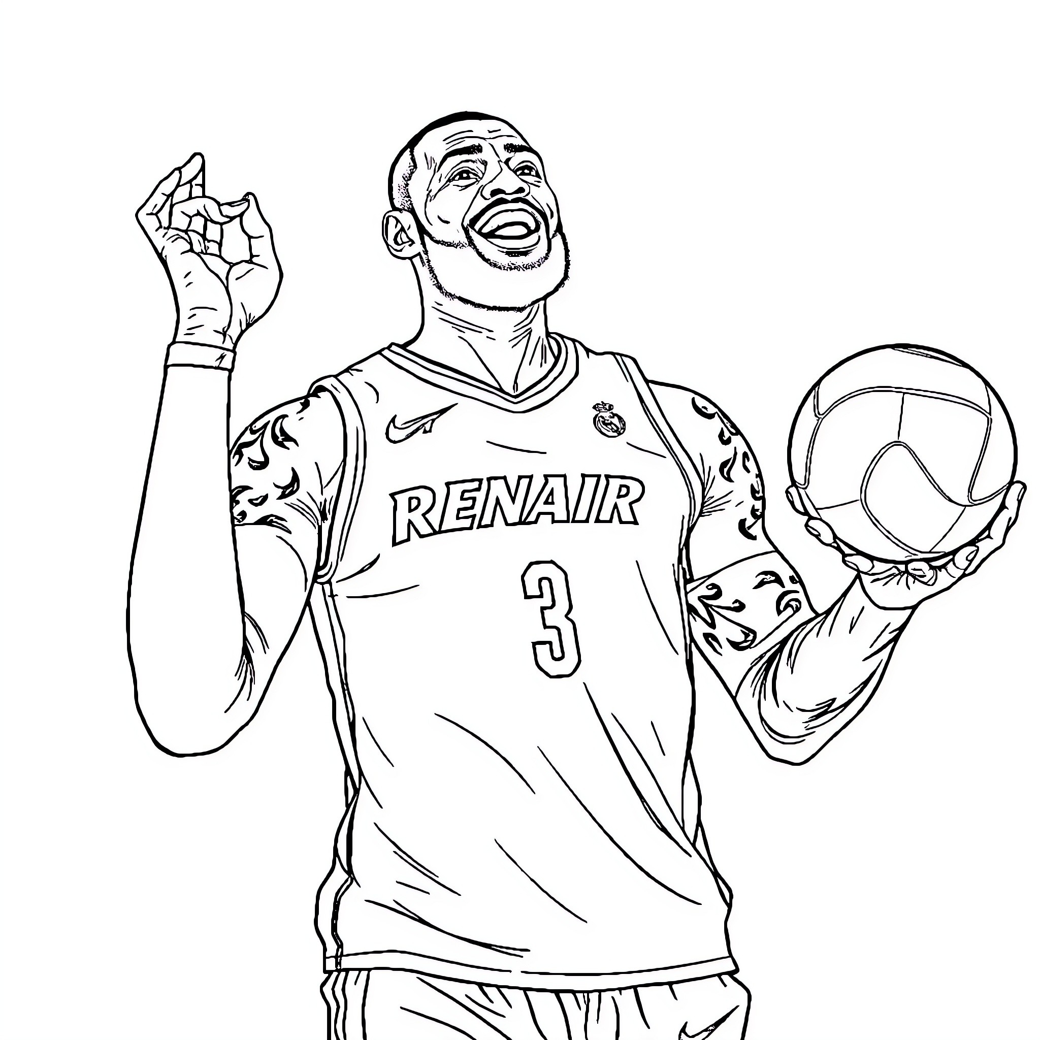 LeBron James Celebrating Victory with Basketball Coloring Page (free black-and-white line drawing printable PDF for all, from beginners to advanced learners, including children, teens, adults, and seniors)