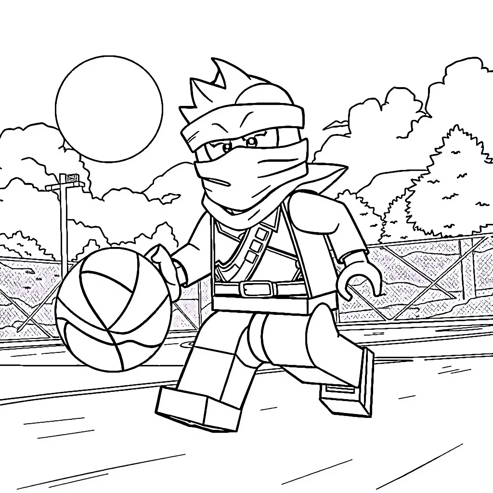 Lloyd's Basketball Adventure on the Court Coloring Page (free black-and-white line drawing printable PDF for all, from beginners to advanced learners, including children, teens, adults, and seniors)
