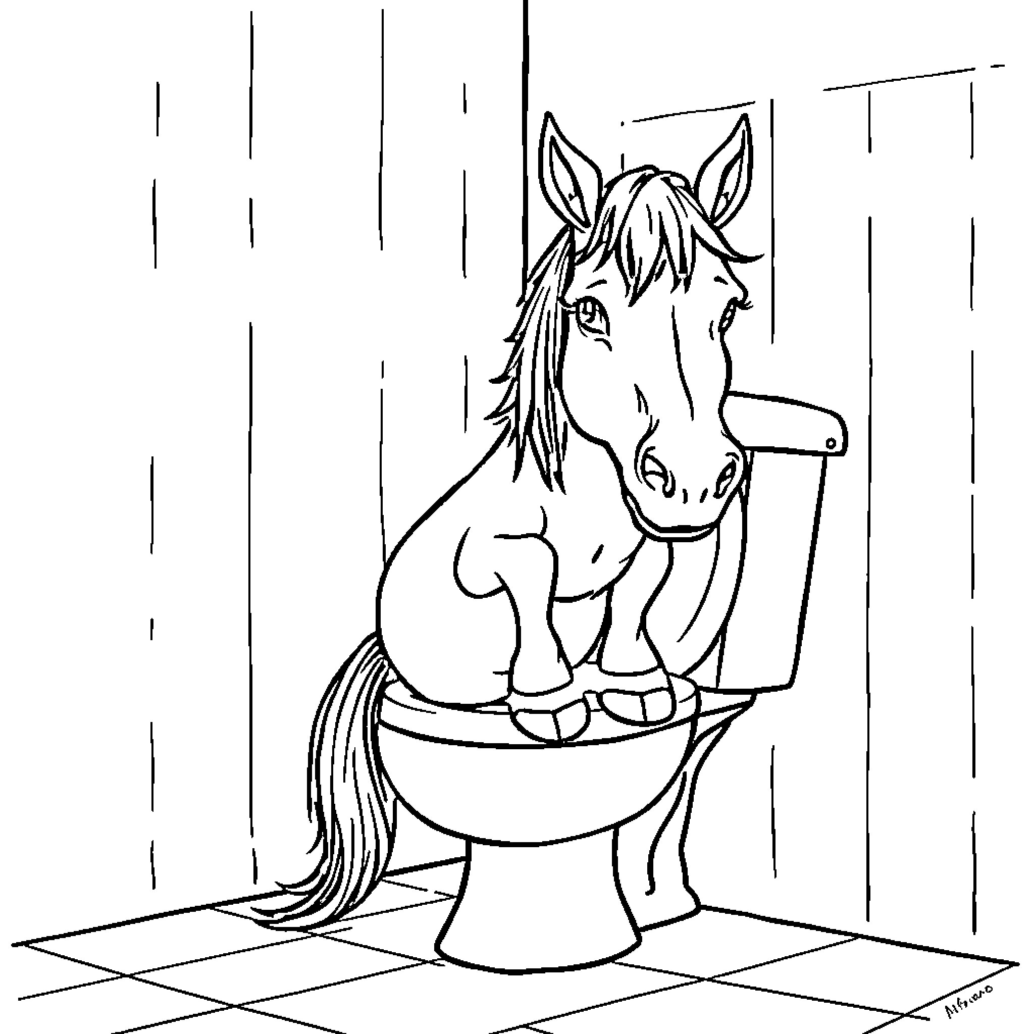 Horse sitting on toilet in bathroom Coloring Page (free black-and-white line drawing printable PDF for all, from beginners to advanced learners, including children, teens, adults, and seniors)