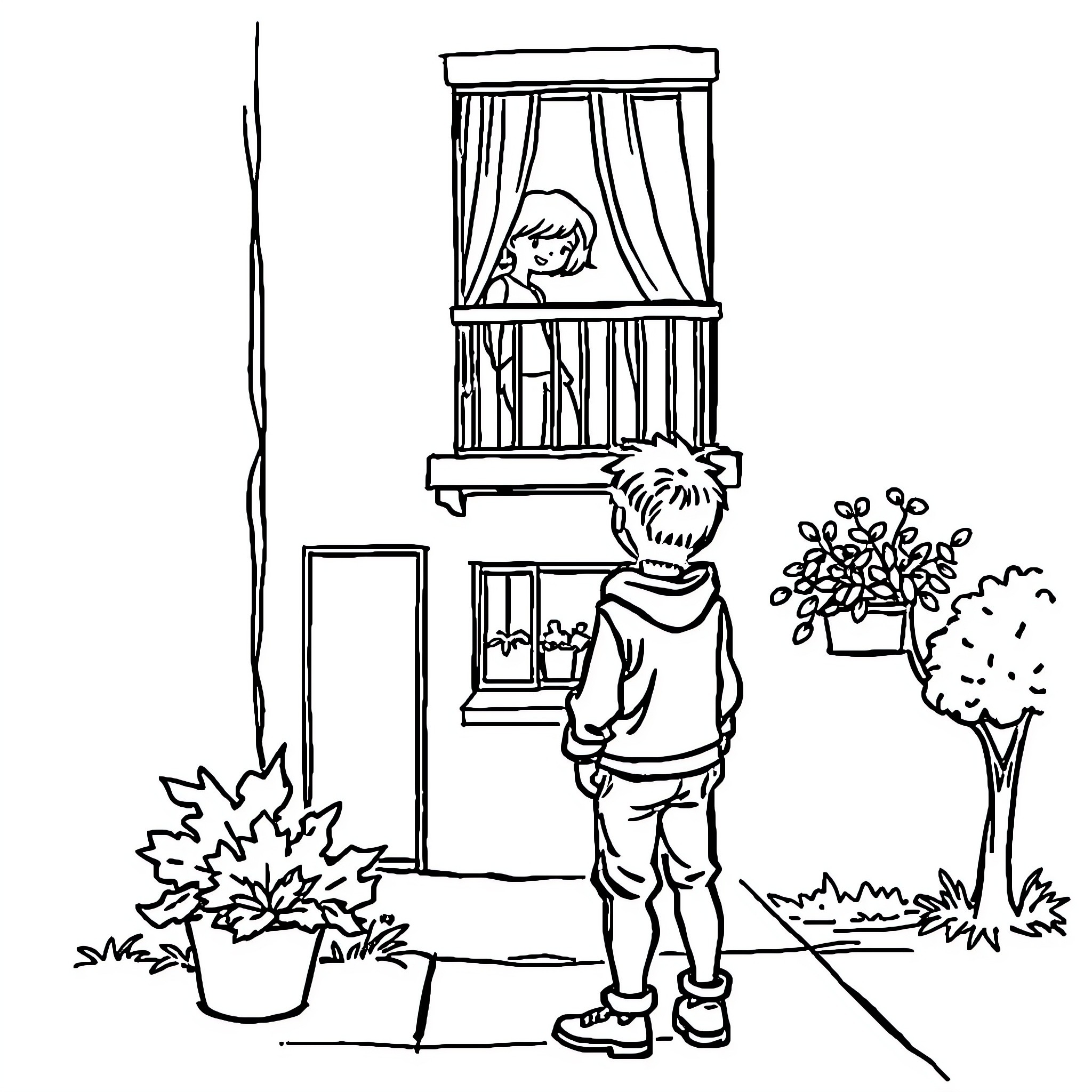 Boy looking out from balcony overlooking garden Coloring Page (free black-and-white line drawing printable PDF for all, from beginners to advanced learners, including children, teens, adults, and seniors)
