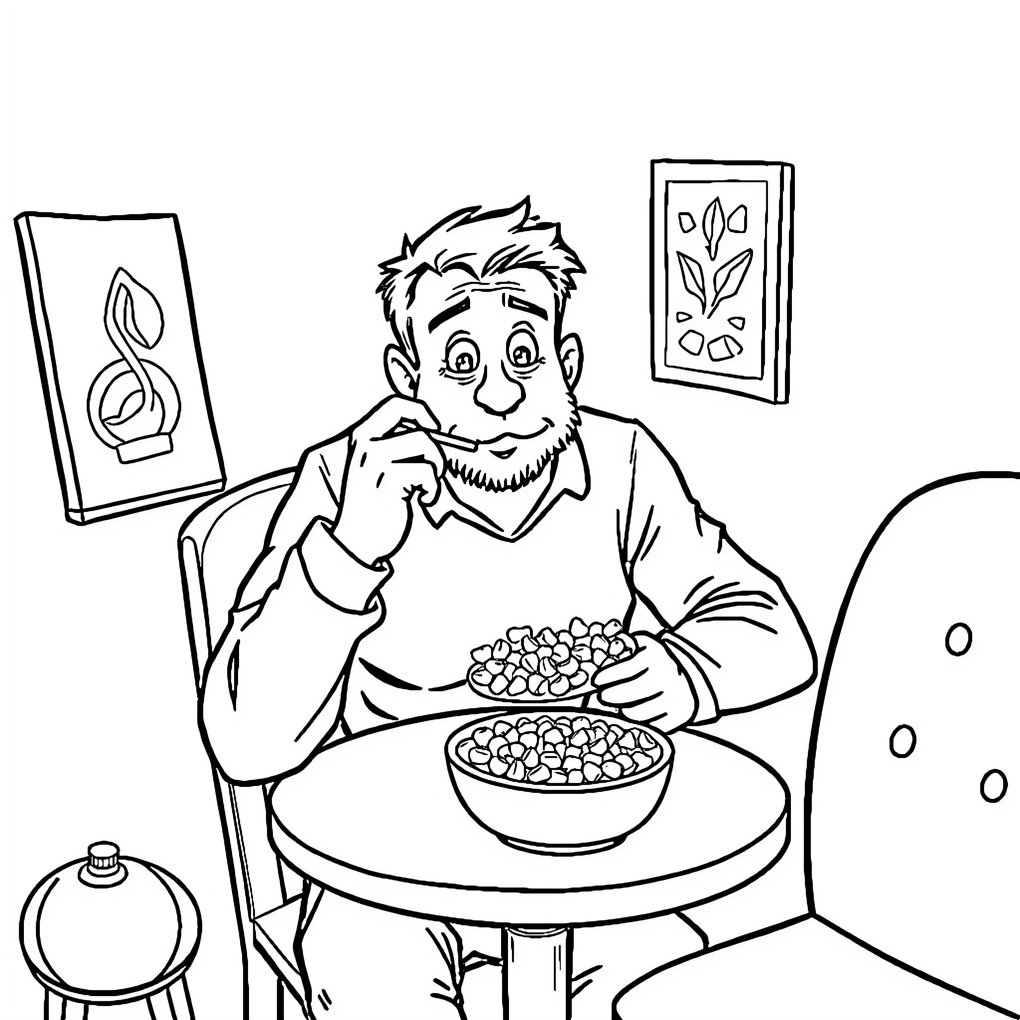 Man enjoying a tasty snack at home Coloring Page (free black-and-white line drawing printable PDF for all, from beginners to advanced learners, including children, teens, adults, and seniors)