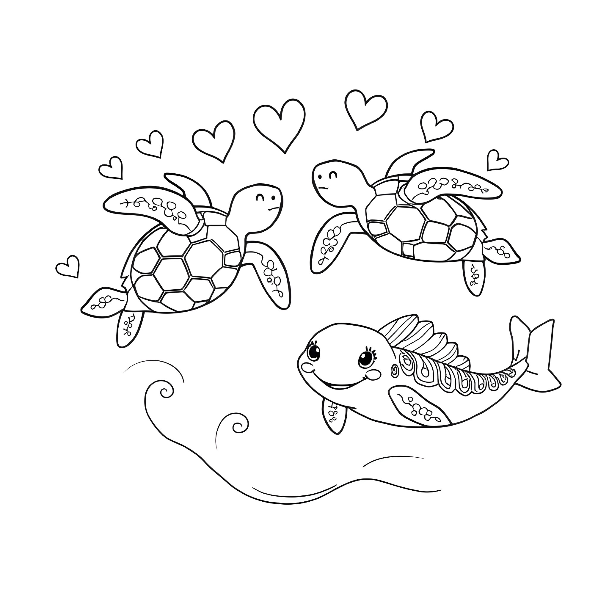 Sea Turtles swimming with hearts and fish Coloring Page (free black-and-white line drawing printable PDF for all, from beginners to advanced learners, including children, teens, adults, and seniors)