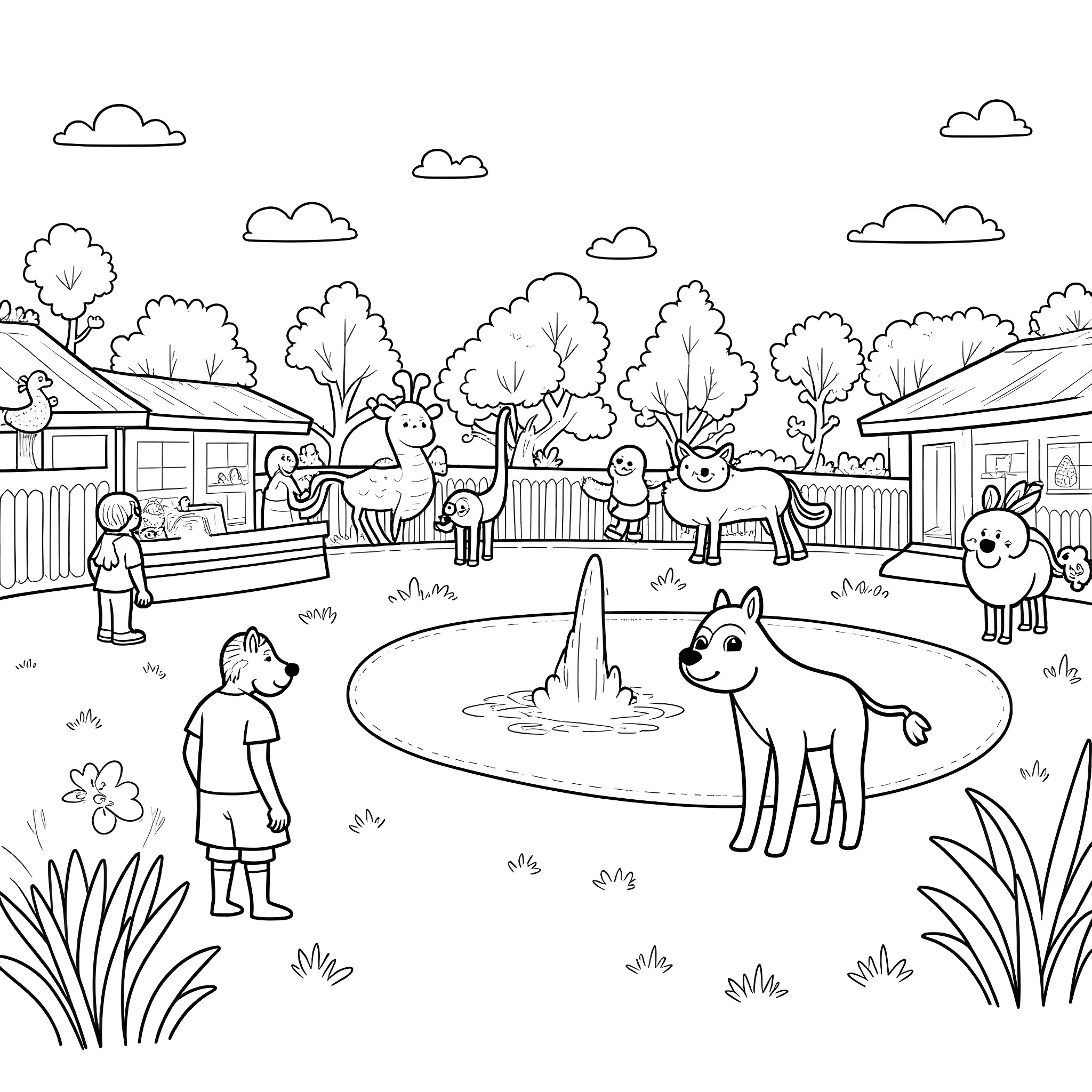 Zoo scene with animals and people enjoying the outdoors Coloring Page (free black-and-white line drawing printable PDF for all, from beginners to advanced learners, including children, teens, adults, and seniors)